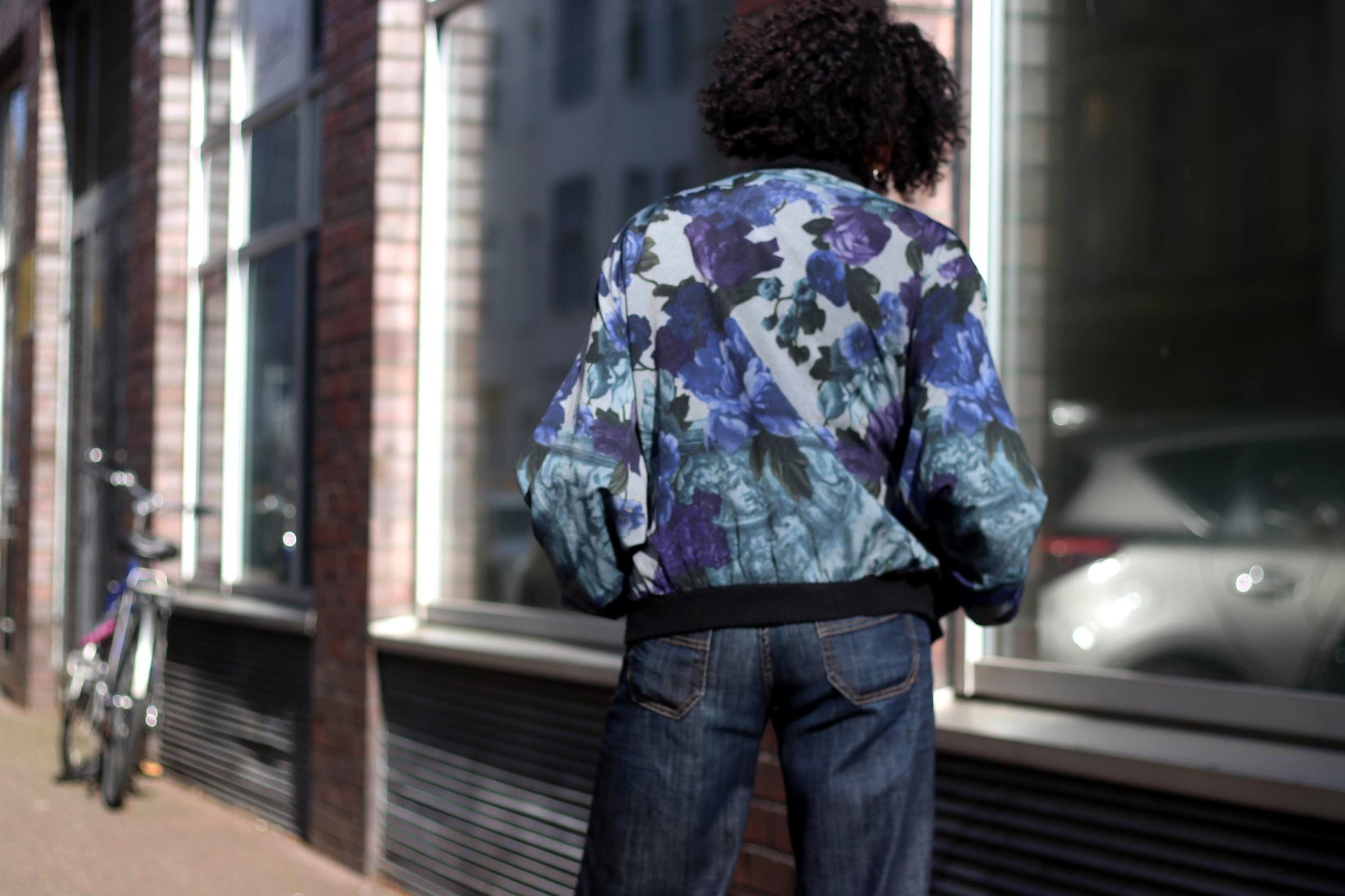 Y2K Floral Print Bomber Jacket| Vintage Women's Blue Maximalist lightweight Outerwear
