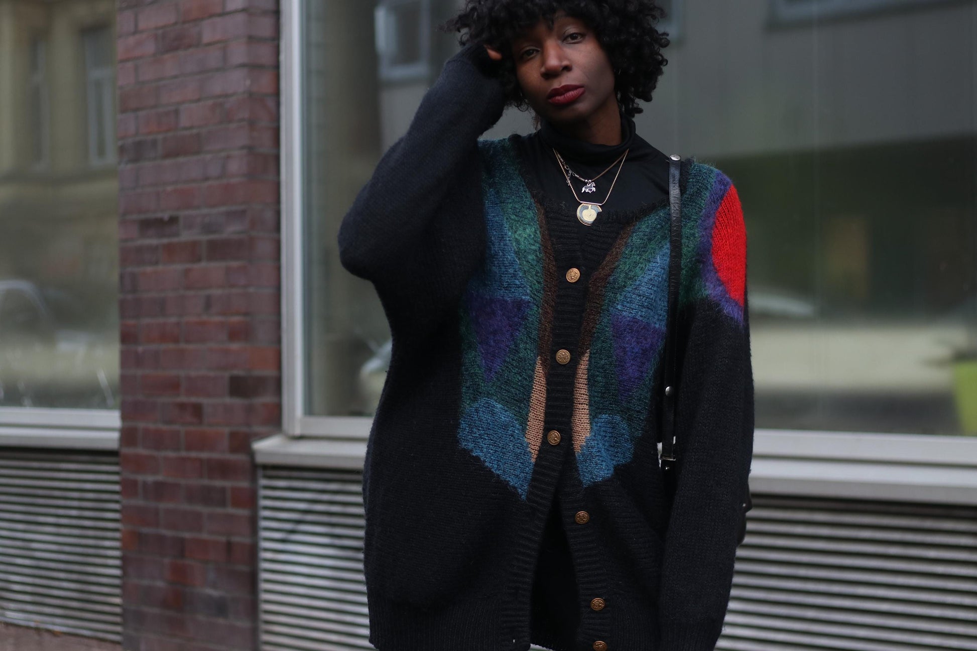 80s Color Block Cardigan | Vintage Oversized Mohair Blend Knit |Geometric Slouchy Sweater | Women's Abstract Print Maximalist Statement Knit