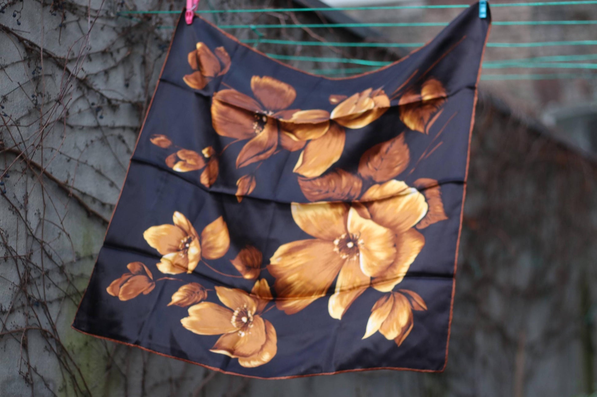 Vintage Floral Scarf| Golden Brown on Black Dark Academia Headscarf| 80s, lightweight Parisian Chic Old Hollywood Style