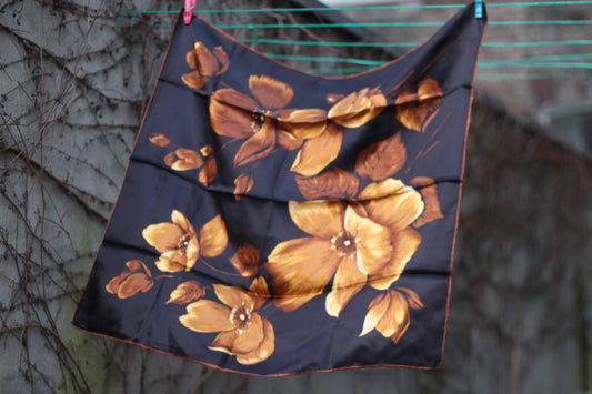 Vintage Floral Scarf| Golden Brown on Black Dark Academia Headscarf| 80s, lightweight Parisian Chic Old Hollywood Style