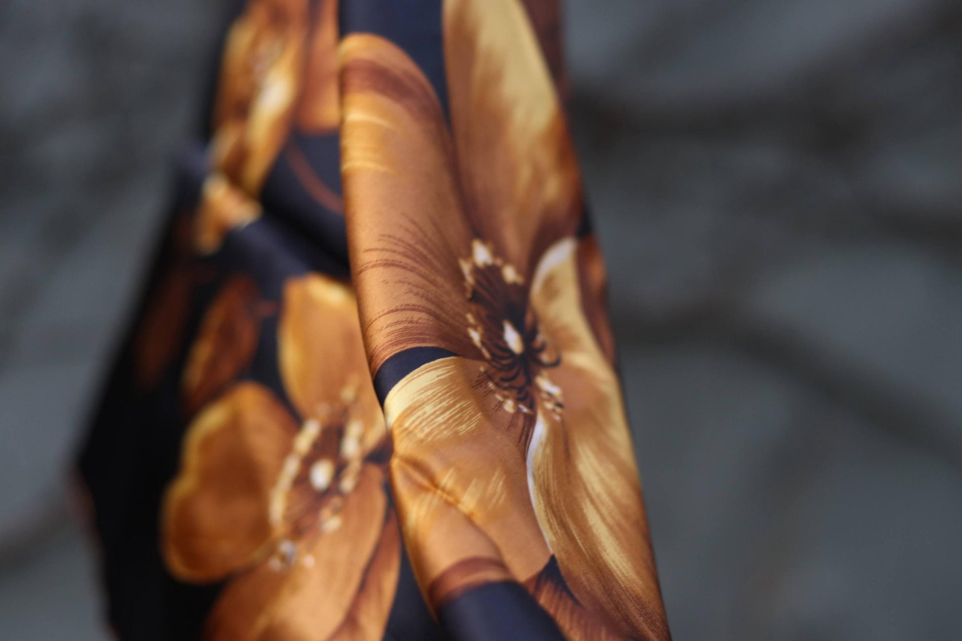 Vintage Floral Scarf| Golden Brown on Black Dark Academia Headscarf| 80s, lightweight Parisian Chic Old Hollywood Style