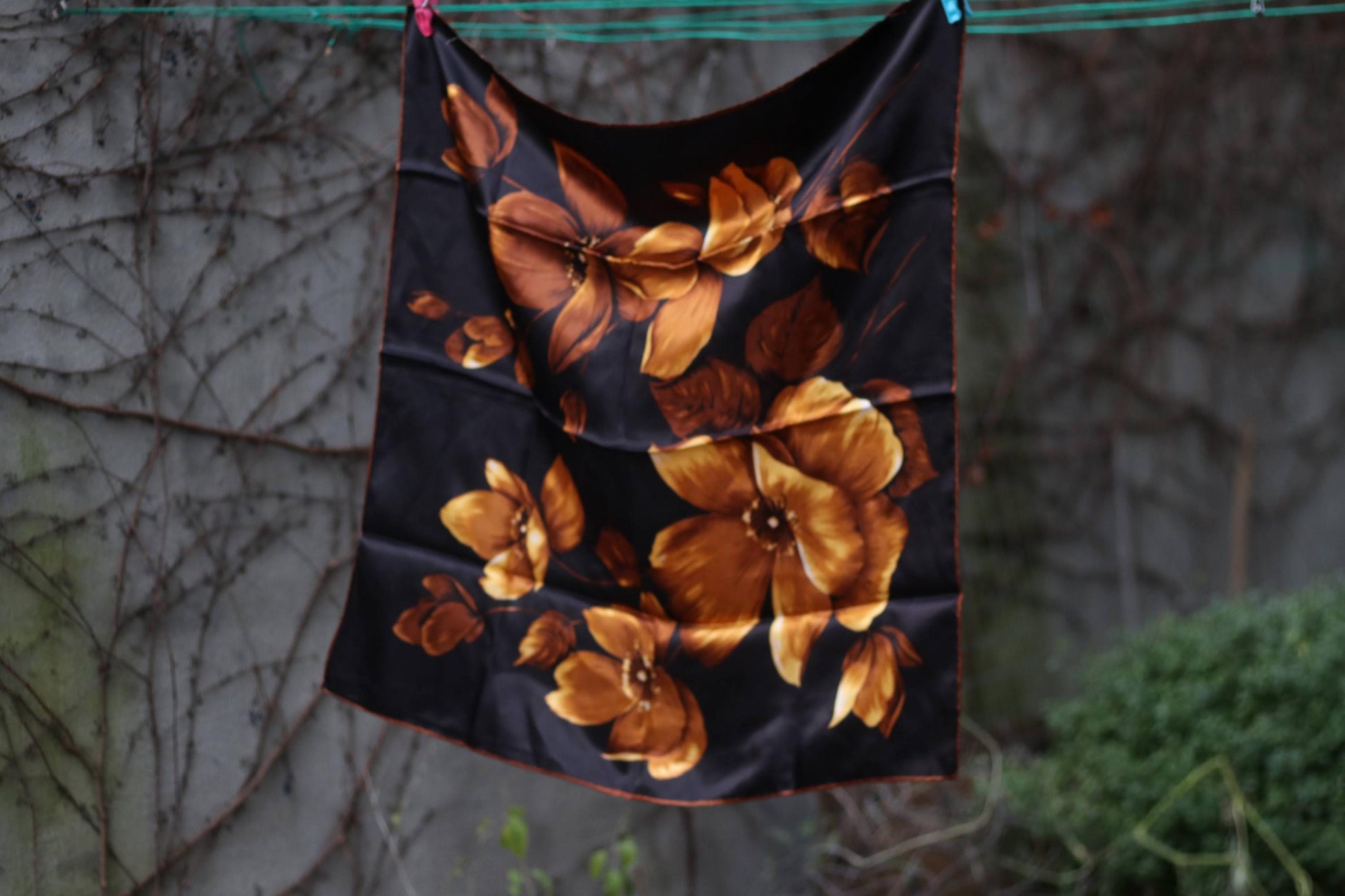 Vintage Floral Scarf| Golden Brown on Black Dark Academia Headscarf| 80s, lightweight Parisian Chic Old Hollywood Style