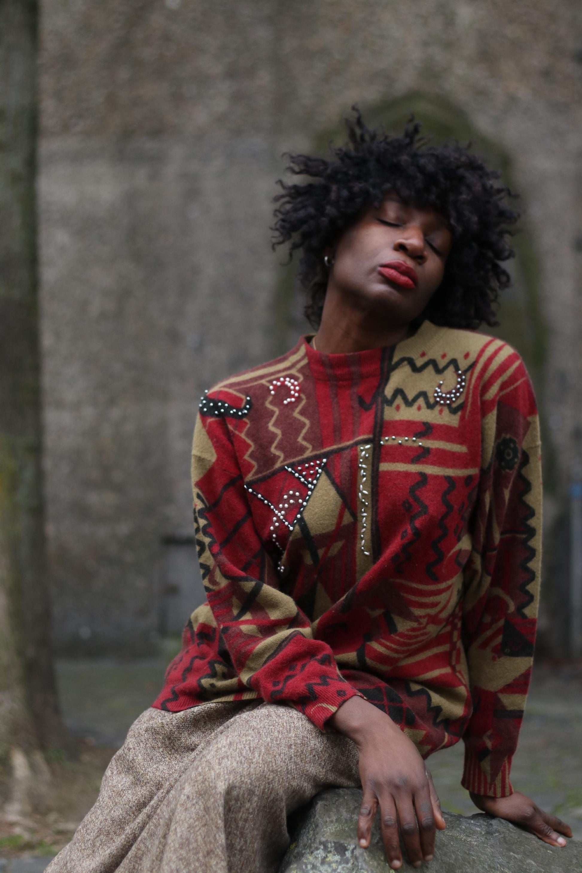 80s Mayons Maximalist Sweater| Vintage abstract print brown long sleeved knit| Whimsical retro winter sweater in brown and red