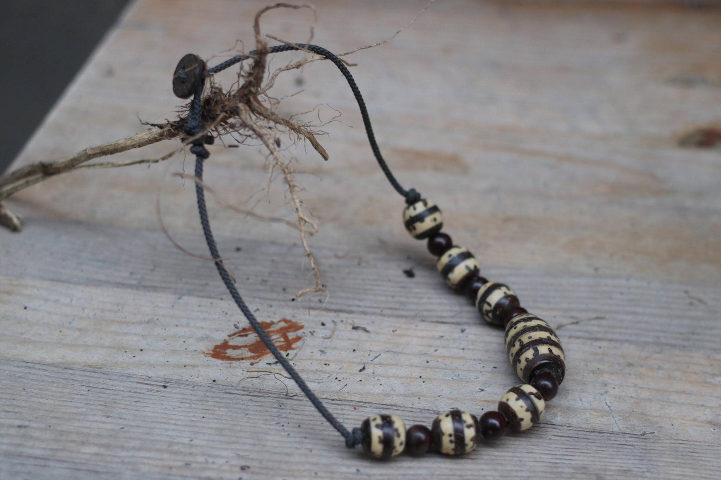 Vintage Handmade Beaded Necklace | Boho Tribal Jewelry| Ivory & Brown Artisan Striped Beads| 70s Ethnic Retro Necklace| Festival Accessory
