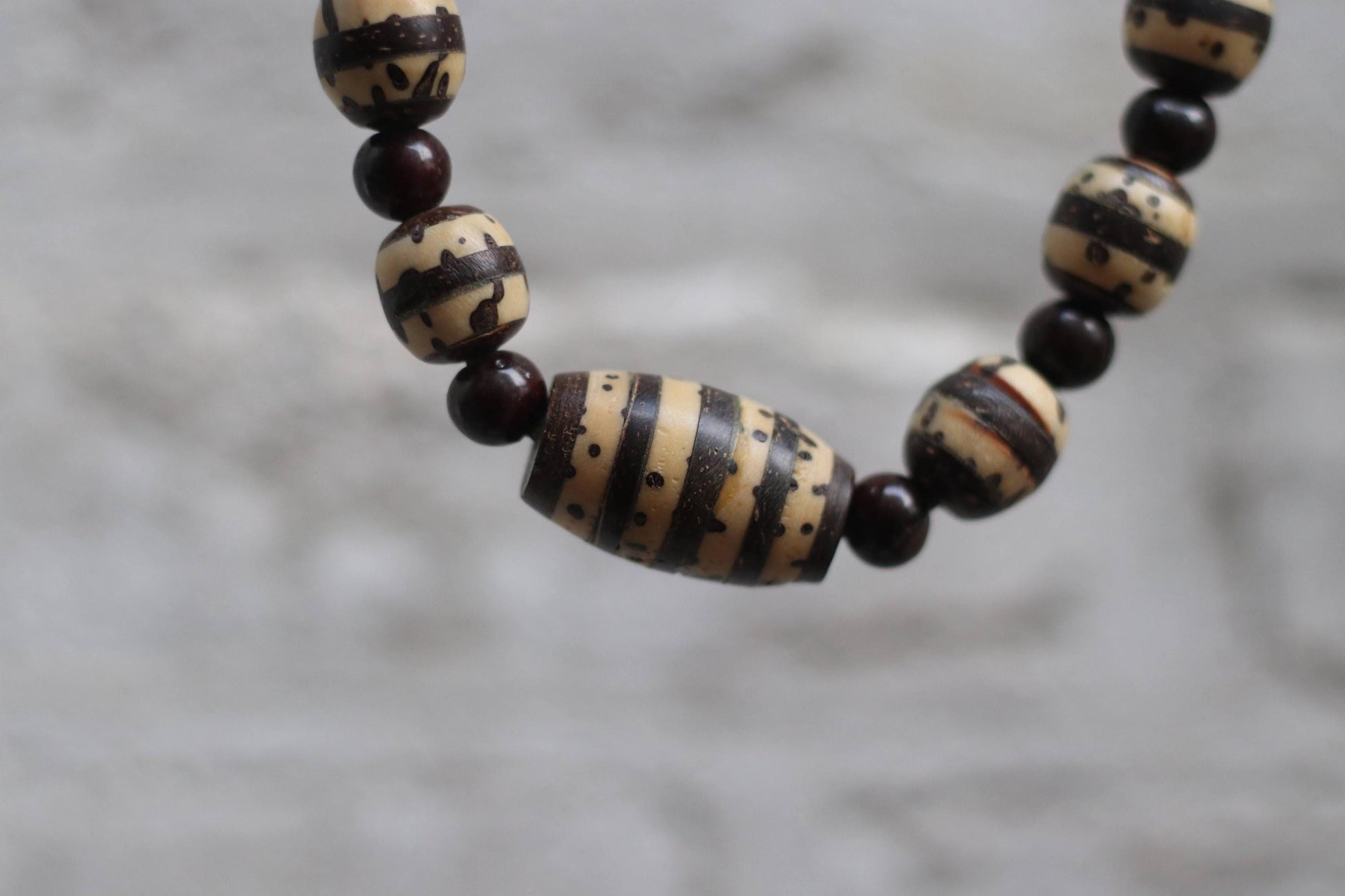 Vintage Handmade Beaded Necklace | Boho Tribal Jewelry| Ivory & Brown Artisan Striped Beads| 70s Ethnic Retro Necklace| Festival Accessory