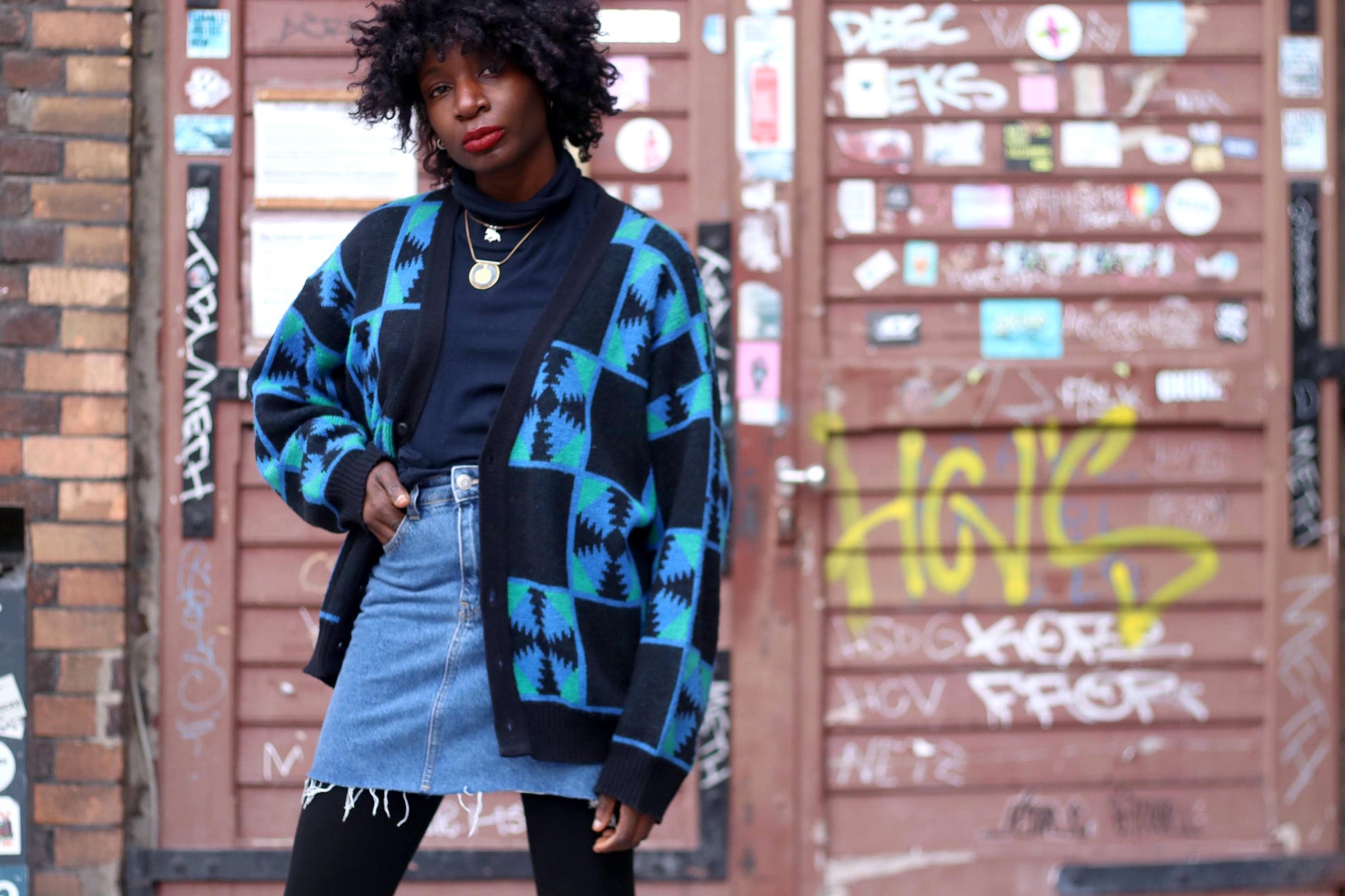80s Granddad Cardigan| Vintage Ackerman Unisex Blue and Black| Crazy Print Long sleeved Sweater|