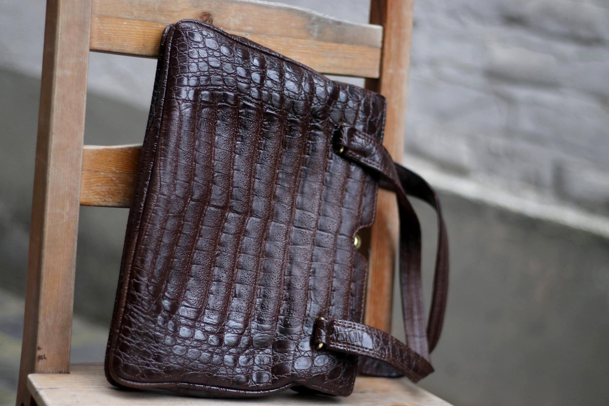 Vintage Brown Croc-Embossed Leather Bag | Retro Structured Handbag | Parisian Chic | Work Tote |Classic Aesthetic | Timeless Statement