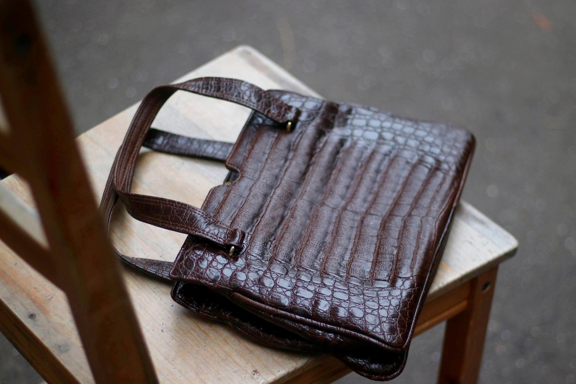 Vintage Brown Croc-Embossed Leather Bag | Retro Structured Handbag | Parisian Chic | Work Tote |Classic Aesthetic | Timeless Statement