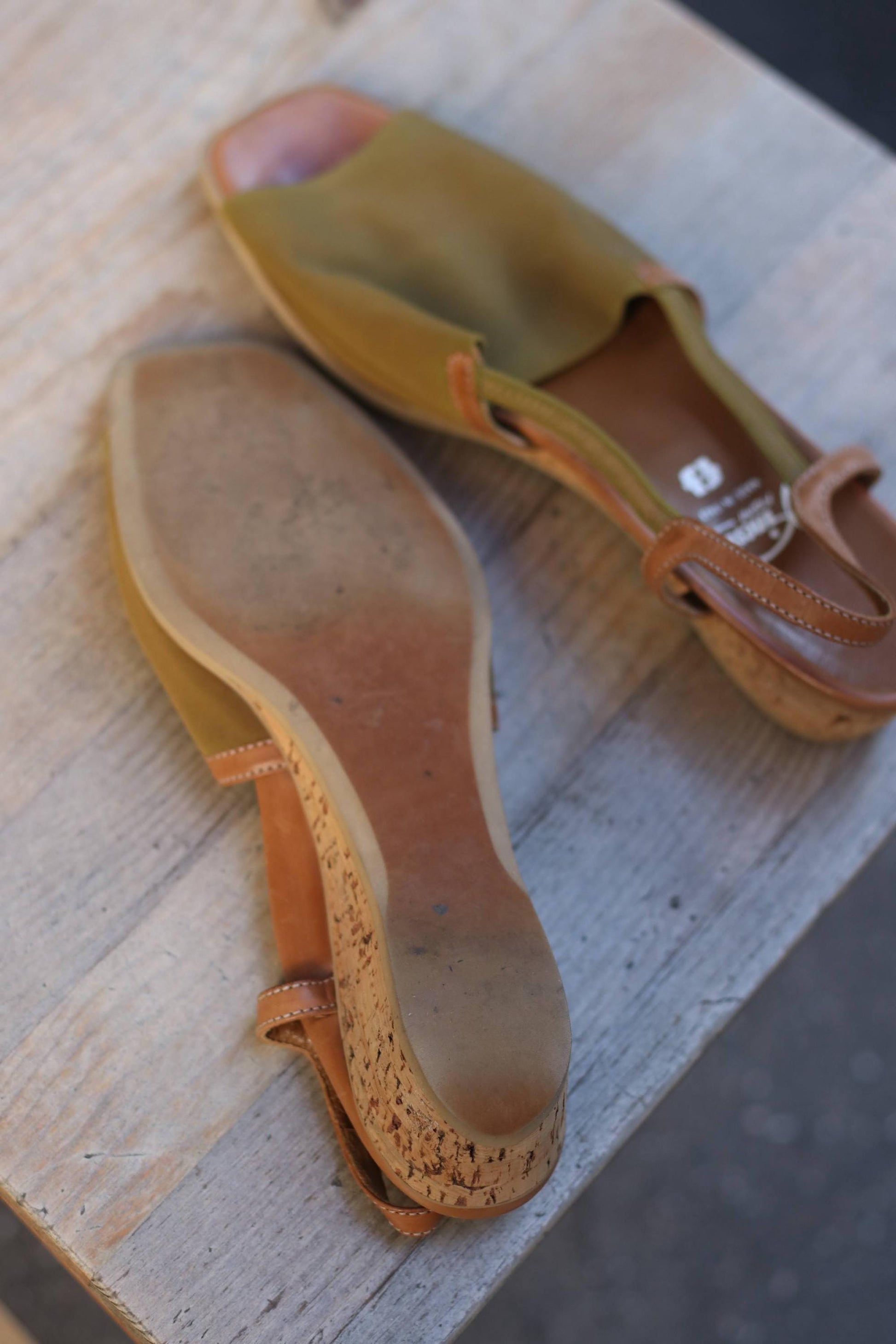 Vintage Summer Sandals | 90s Olive Green Open-Toe Shoes | Women's Tan Canvas & Leather Slingback | Boho Sandals | Earthy Minimalist Footwear