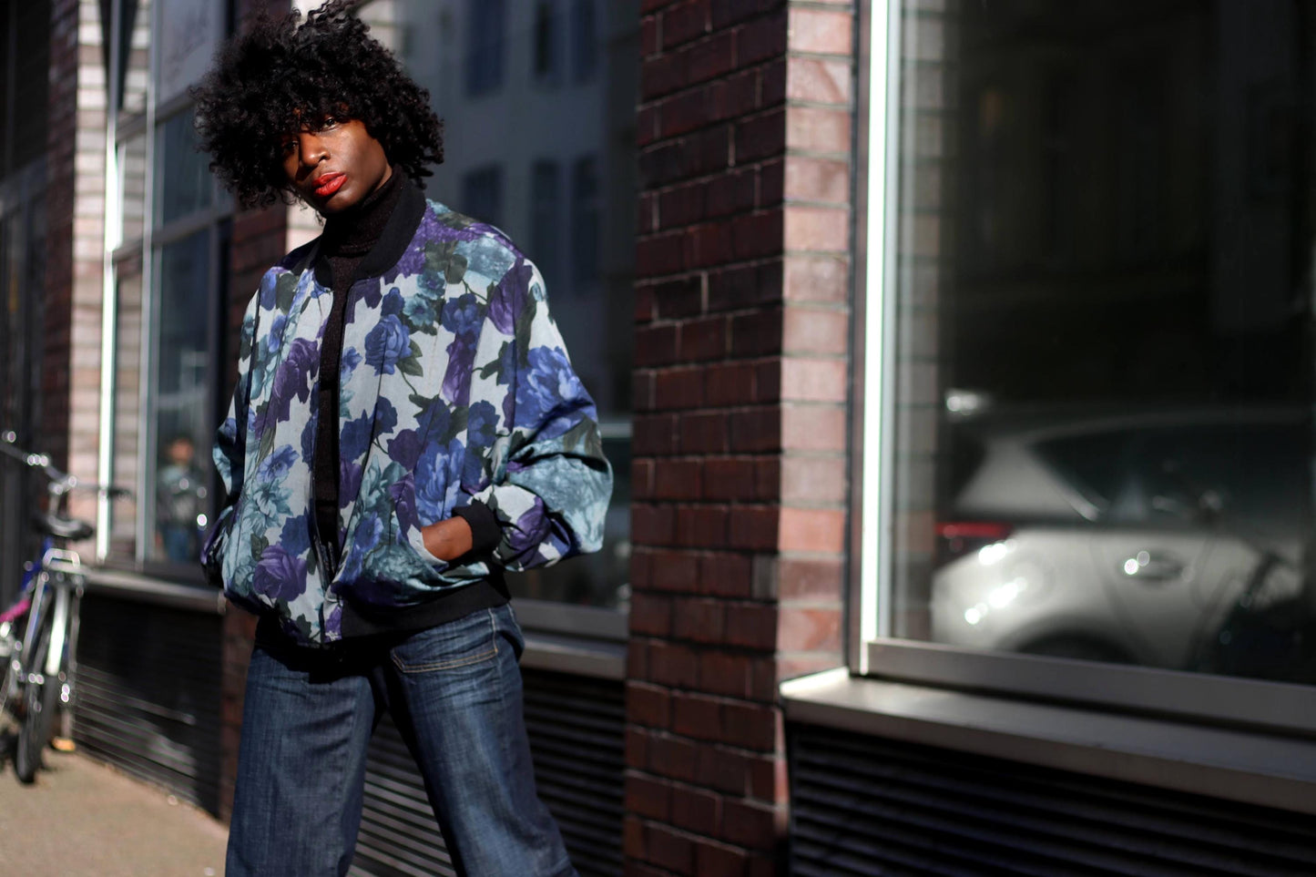 Y2K Floral Print Bomber Jacket| Vintage Women's Blue Maximalist lightweight Outerwear