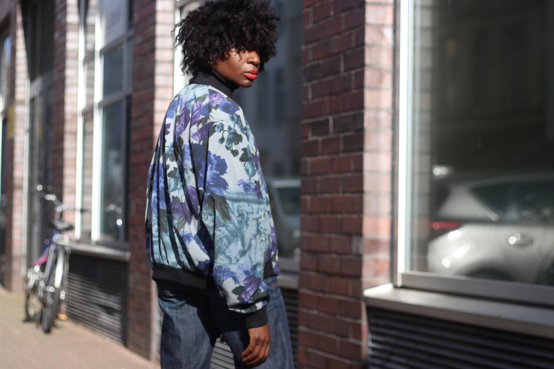 Y2K Floral Print Bomber Jacket| Vintage Women's Blue Maximalist lightweight Outerwear