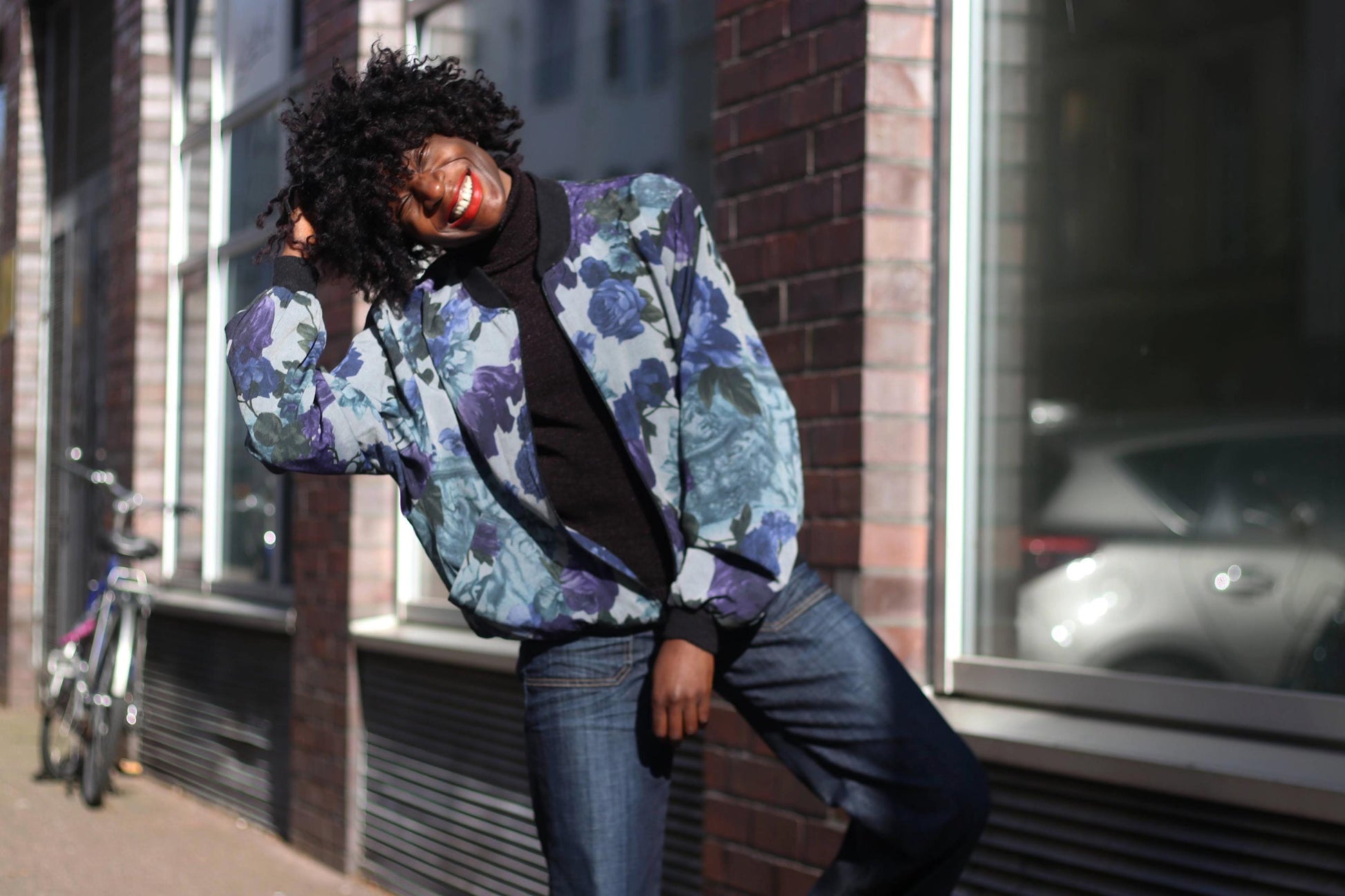 Y2K Floral Print Bomber Jacket| Vintage Women's Blue Maximalist lightweight Outerwear