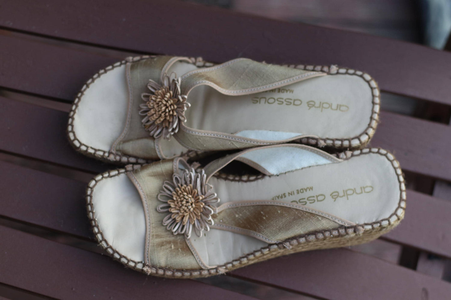 Vintage André Assous Wedges| 90s Women's Spanish Chic Sandals | Metallic Designer Heels with Floral Detail | Summer Shoes | Size 8 US