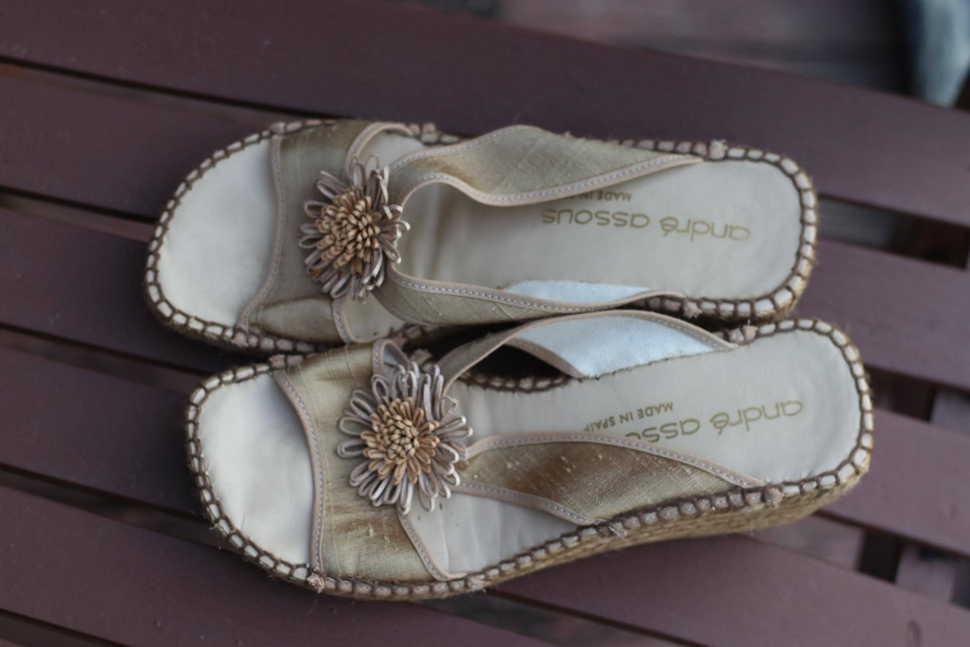 Vintage André Assous Wedges| 90s Women's Spanish Chic Sandals | Metallic Designer Heels with Floral Detail | Summer Shoes | Size 8 US