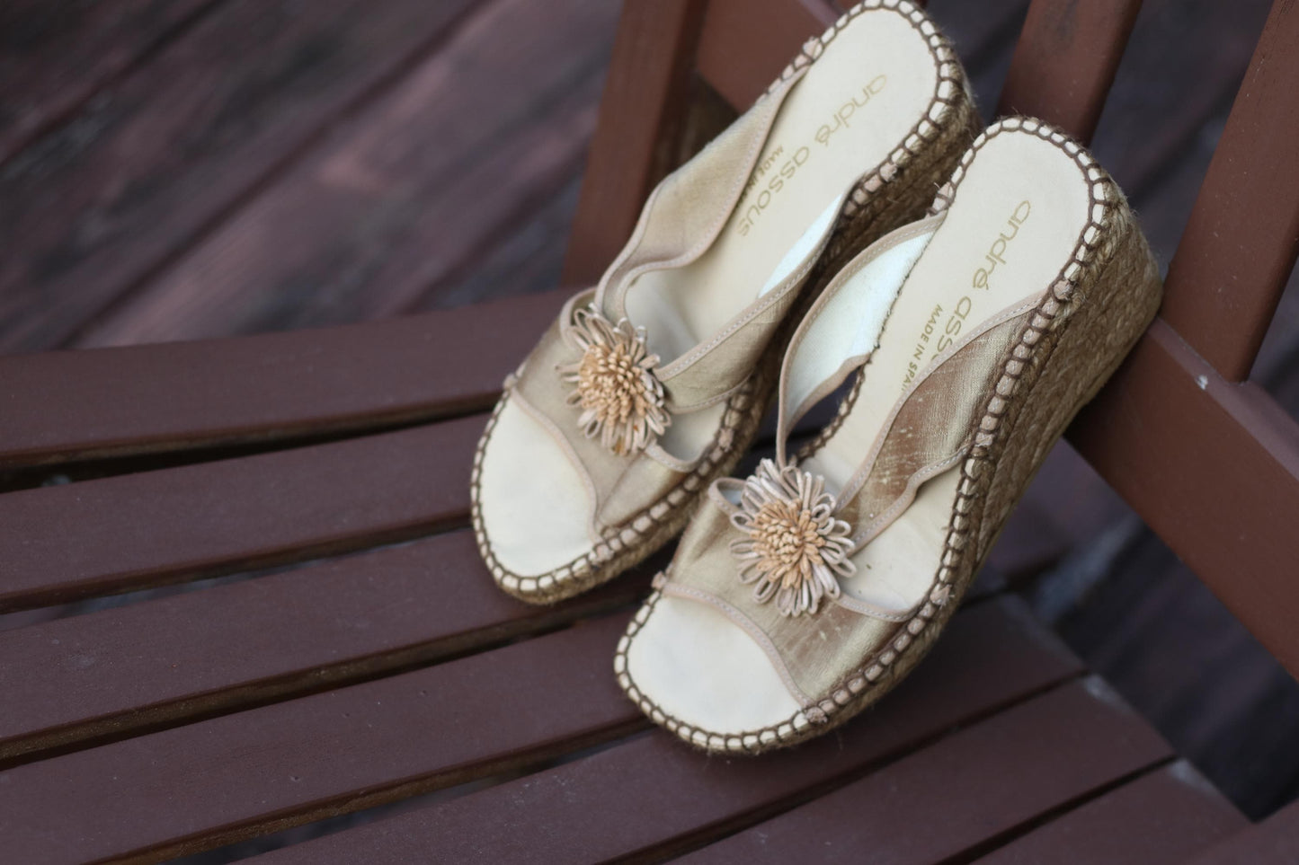 Vintage André Assous Wedges| 90s Women's Spanish Chic Sandals | Metallic Designer Heels with Floral Detail | Summer Shoes | Size 8 US