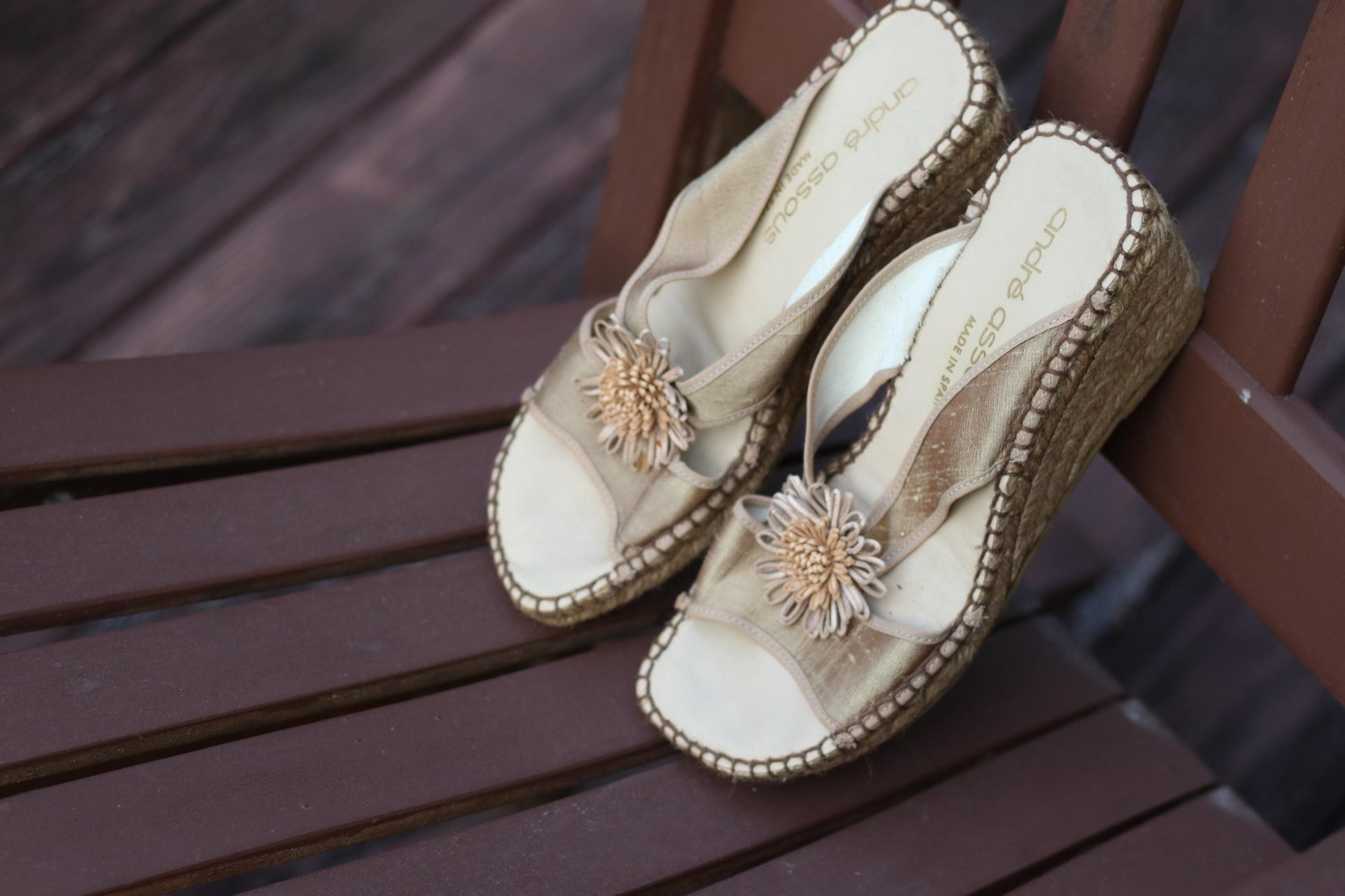 Vintage André Assous Wedges| 90s Women's Spanish Chic Sandals | Metallic Designer Heels with Floral Detail | Summer Shoes | Size 8 US