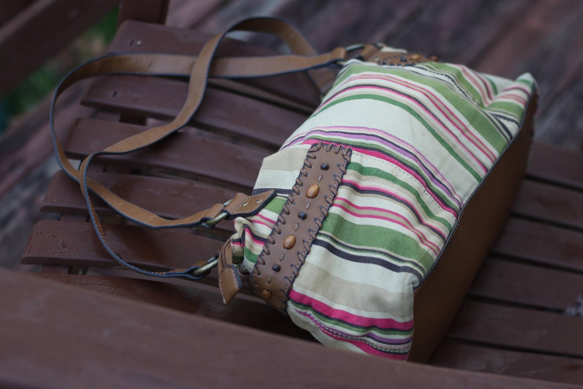 Y2K Striped Canvas Bag | Vintage Bohemian Shoulder Bag | Women's earthy Tones Handbag with Leather Straps | Casual Chic