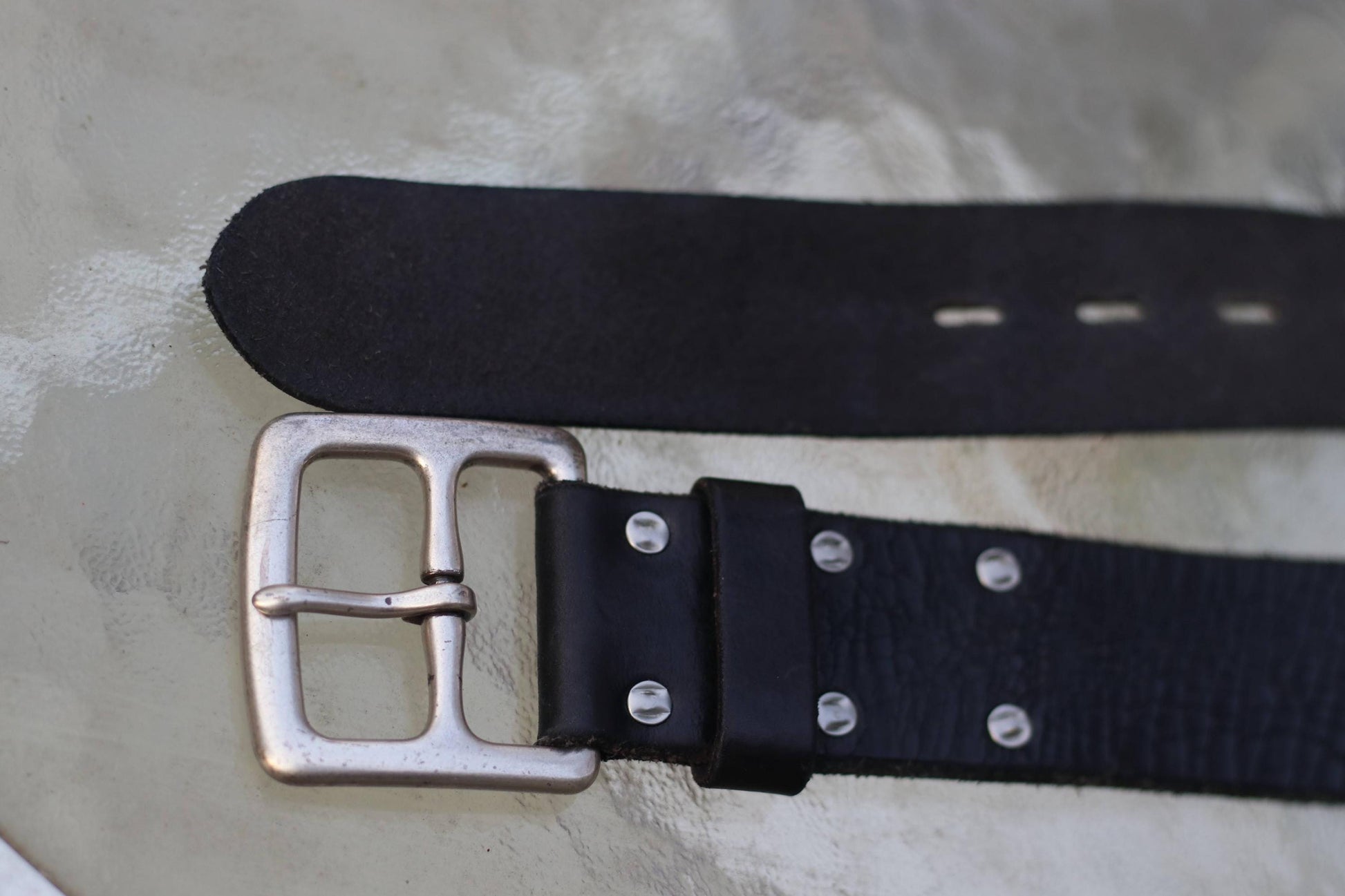 90s Black Leather Belt | Vintage Lucky Distressed Silver Buckled Unisex Belt| Rivet Detailing Classic Belt