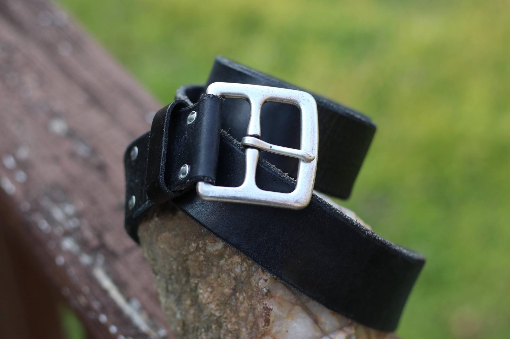 90s Black Leather Belt | Vintage Lucky Distressed Silver Buckled Unisex Belt| Rivet Detailing Classic Belt