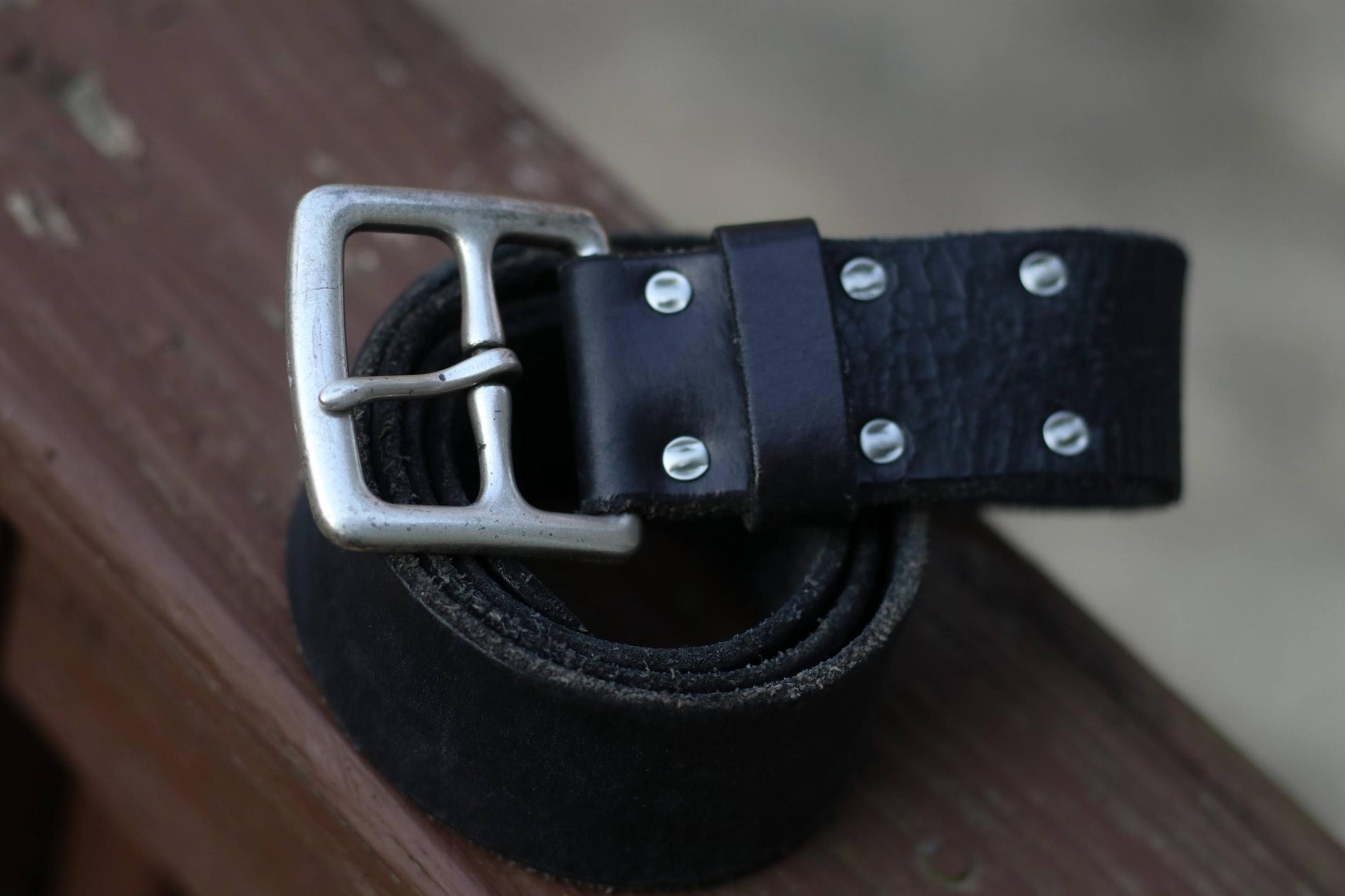 90s Black Leather Belt | Vintage Lucky Distressed Silver Buckled Unisex Belt| Rivet Detailing Classic Belt