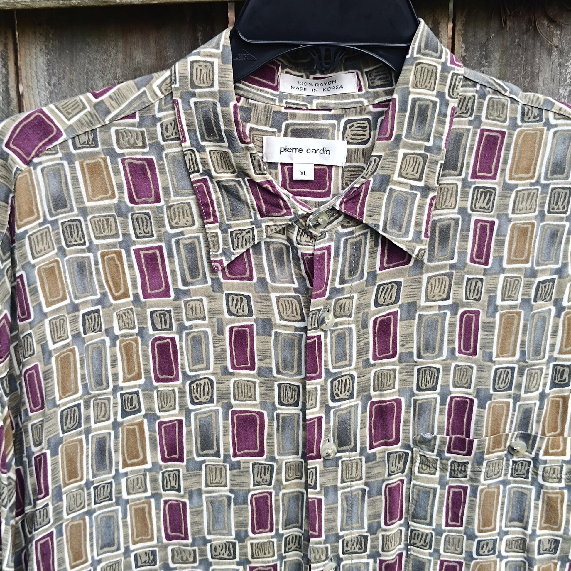 Vintage Pierre Cardin Print Shirt | 90s Green Rayon Short Sleeve Designer Top | Unisex Summer Geometric Patterened Blouse