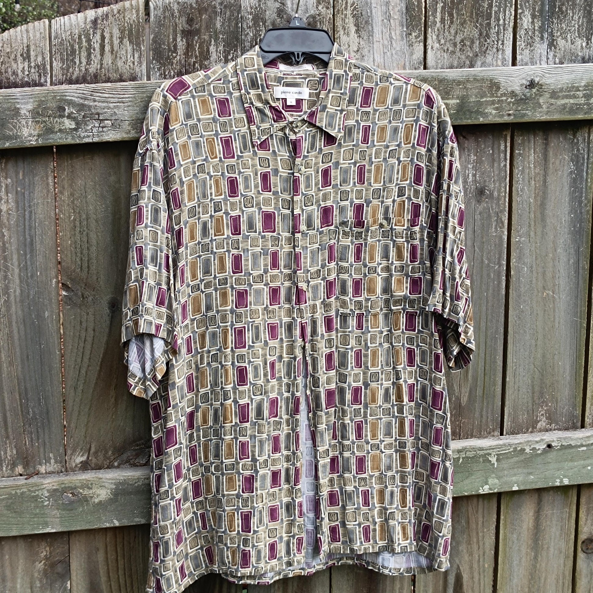 Vintage Pierre Cardin Print Shirt | 90s Green Rayon Short Sleeve Designer Top | Unisex Summer Geometric Patterened Blouse