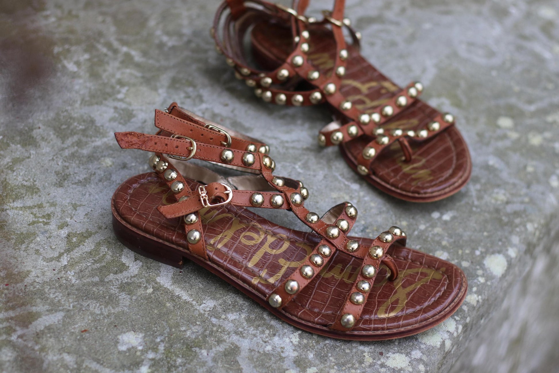Vintage Sam Edelman Sandals| Women's Cognac Leather Studded Gladiator Summer Flats| Boho Chic Shoes US 7.5