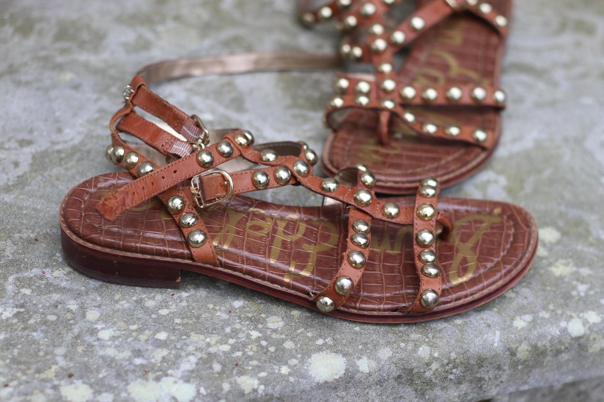 Vintage Sam Edelman Sandals| Women's Cognac Leather Studded Gladiator Summer Flats| Boho Chic Shoes US 7.5