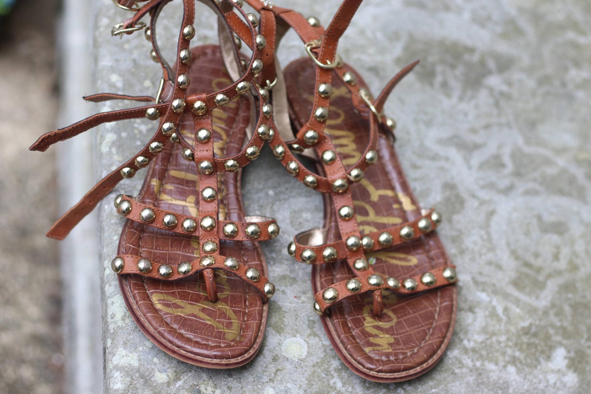 Vintage Sam Edelman Sandals| Women's Cognac Leather Studded Gladiator Summer Flats| Boho Chic Shoes US 7.5