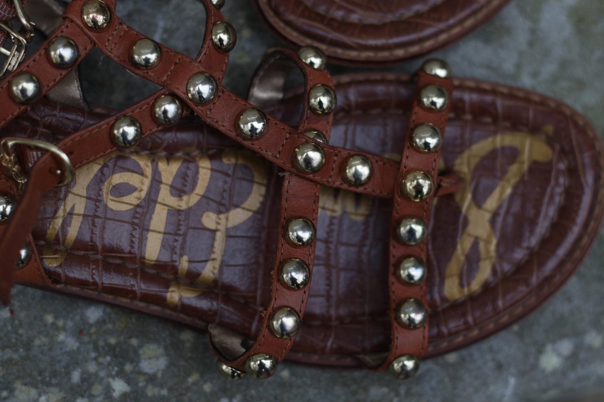 Vintage Sam Edelman Sandals| Women's Cognac Leather Studded Gladiator Summer Flats| Boho Chic Shoes US 7.5