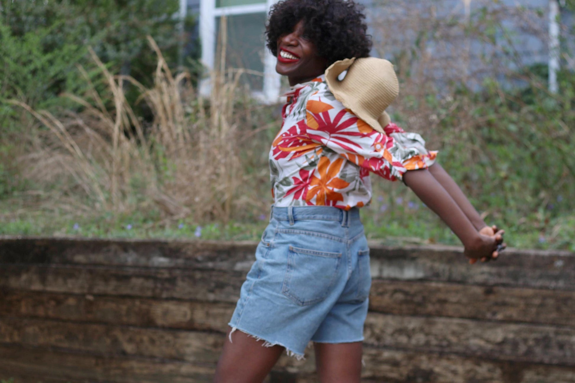 Vintage Caribbean Joe Floral Blouse | Red Orange Taupe Print Cotton Shirt | Women's 3/4 Sleeve Button-Up | Summer Tropical Style Shirt