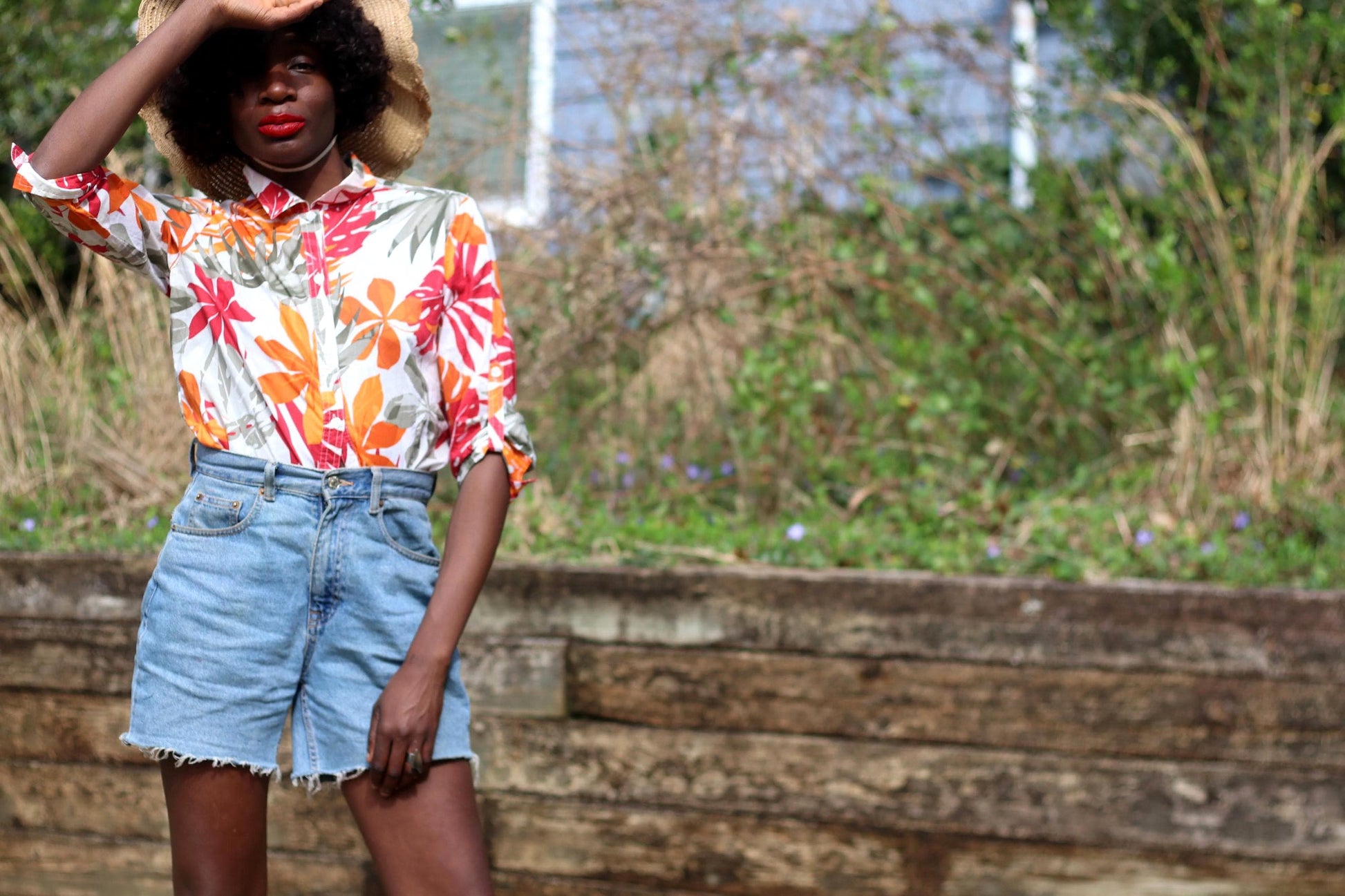 Vintage Caribbean Joe Floral Blouse | Red Orange Taupe Print Cotton Shirt | Women's 3/4 Sleeve Button-Up | Summer Tropical Style Shirt