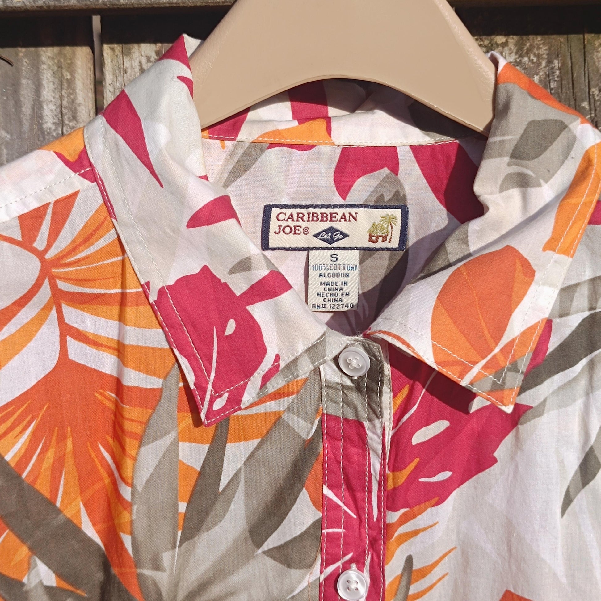 Vintage Caribbean Joe Floral Blouse | Red Orange Taupe Print Cotton Shirt | Women's 3/4 Sleeve Button-Up | Summer Tropical Style Shirt