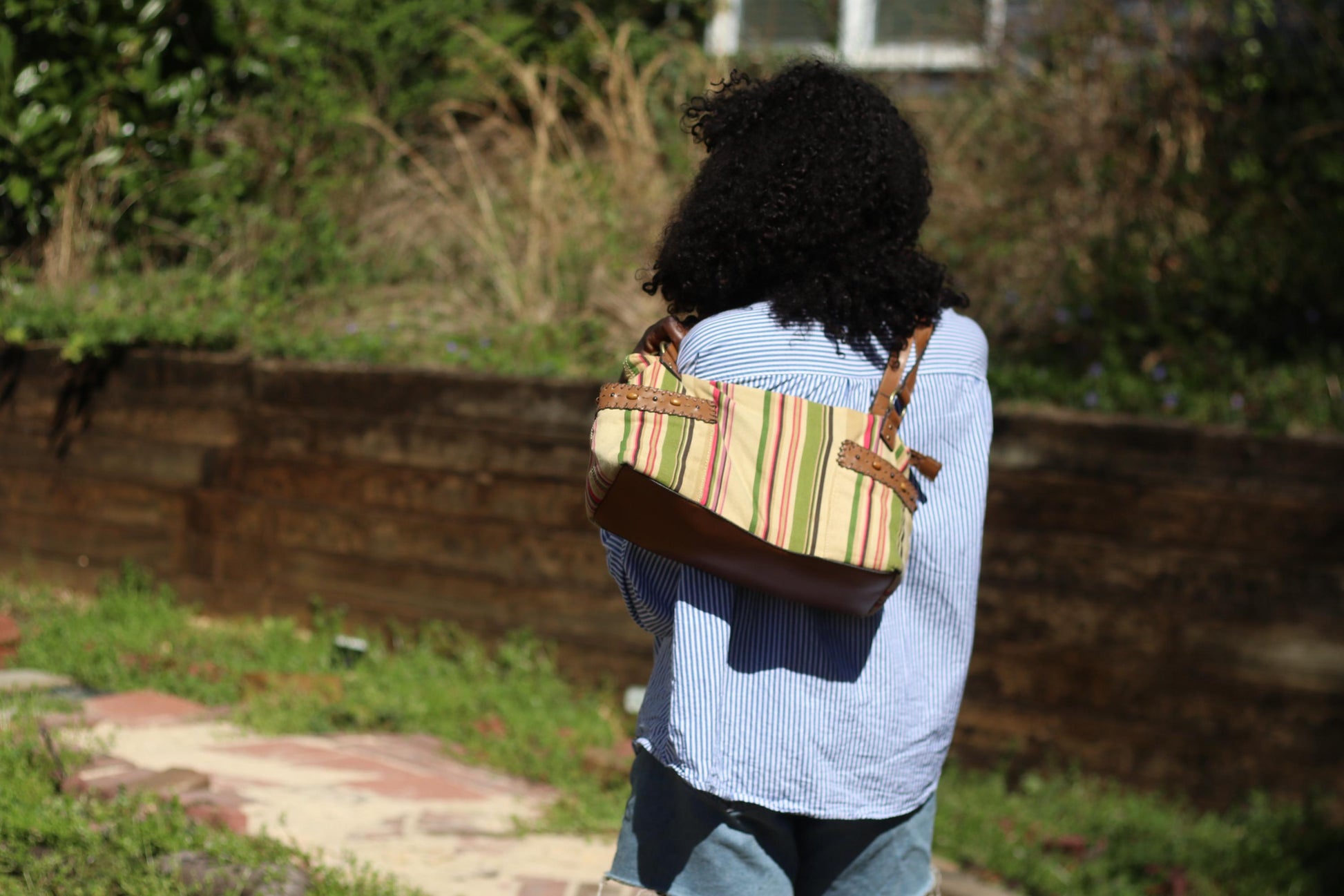 Y2K Striped Canvas Bag | Vintage Bohemian Shoulder Bag | Women's earthy Tones Handbag with Leather Straps | Casual Chic