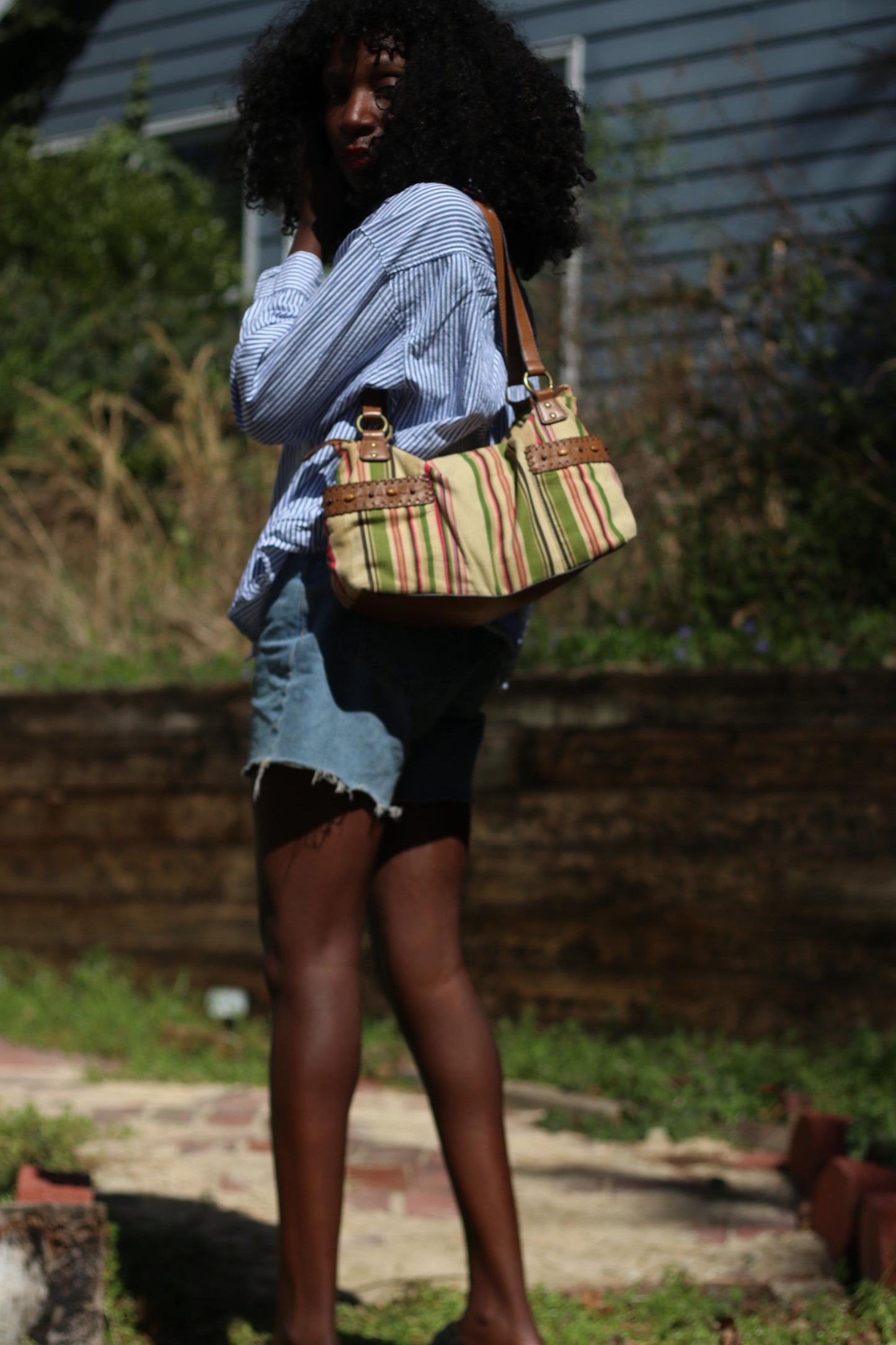 Y2K Striped Canvas Bag | Vintage Bohemian Shoulder Bag | Women's earthy Tones Handbag with Leather Straps | Casual Chic