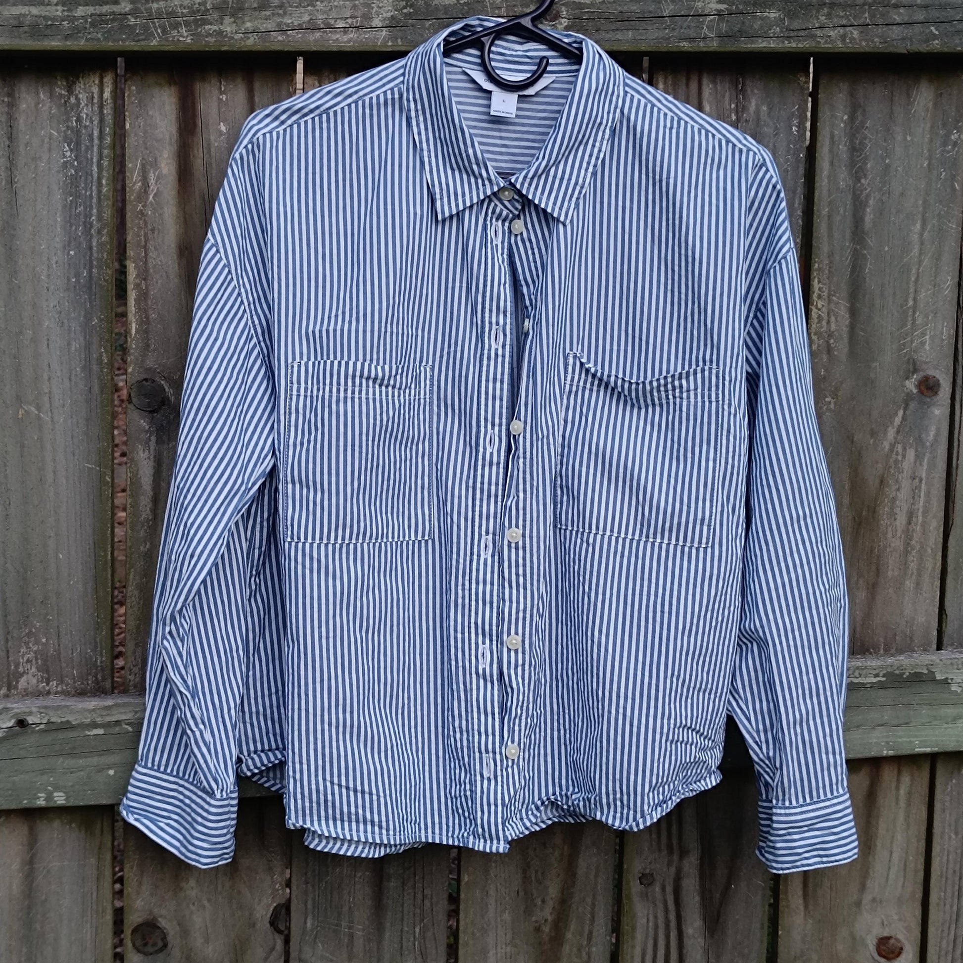 90s Old Navy Blouse | Vintage Navy Striped Cotton Shirt | Cropped Button-Up | Classic Tailored Top | Women's Effortless Chic Style