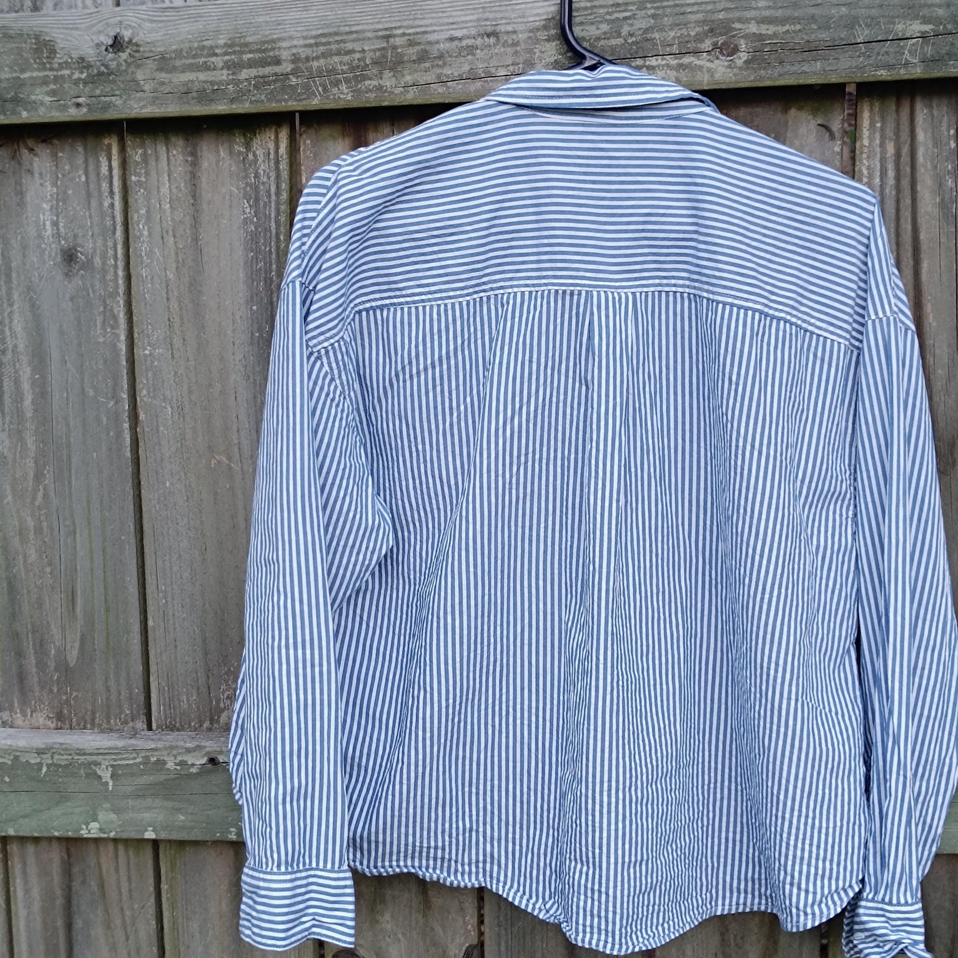 90s Old Navy Blouse | Vintage Navy Striped Cotton Shirt | Cropped Button-Up | Classic Tailored Top | Women's Effortless Chic Style