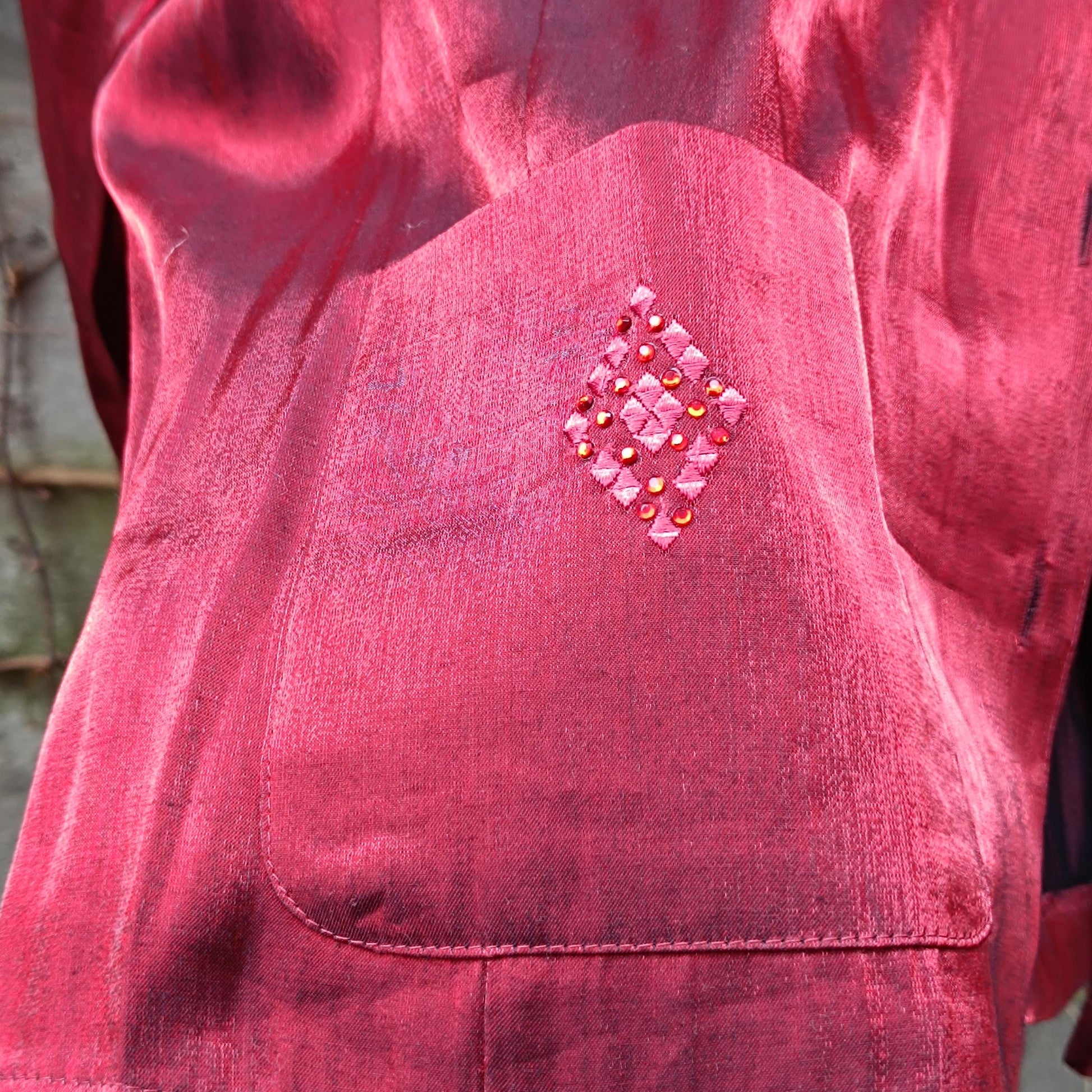 90s Vintage Shiny Red Blouse with Embroidered Pockets| Women's Button-up Satin-Like Shirt