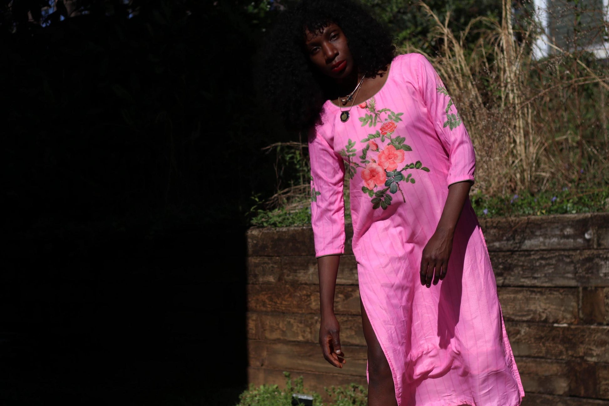 Vintage Pink Floral Embroidered Midi Dress with Side Slits| 80s Handmade Women's Elegant Lightweight Feminine Dress