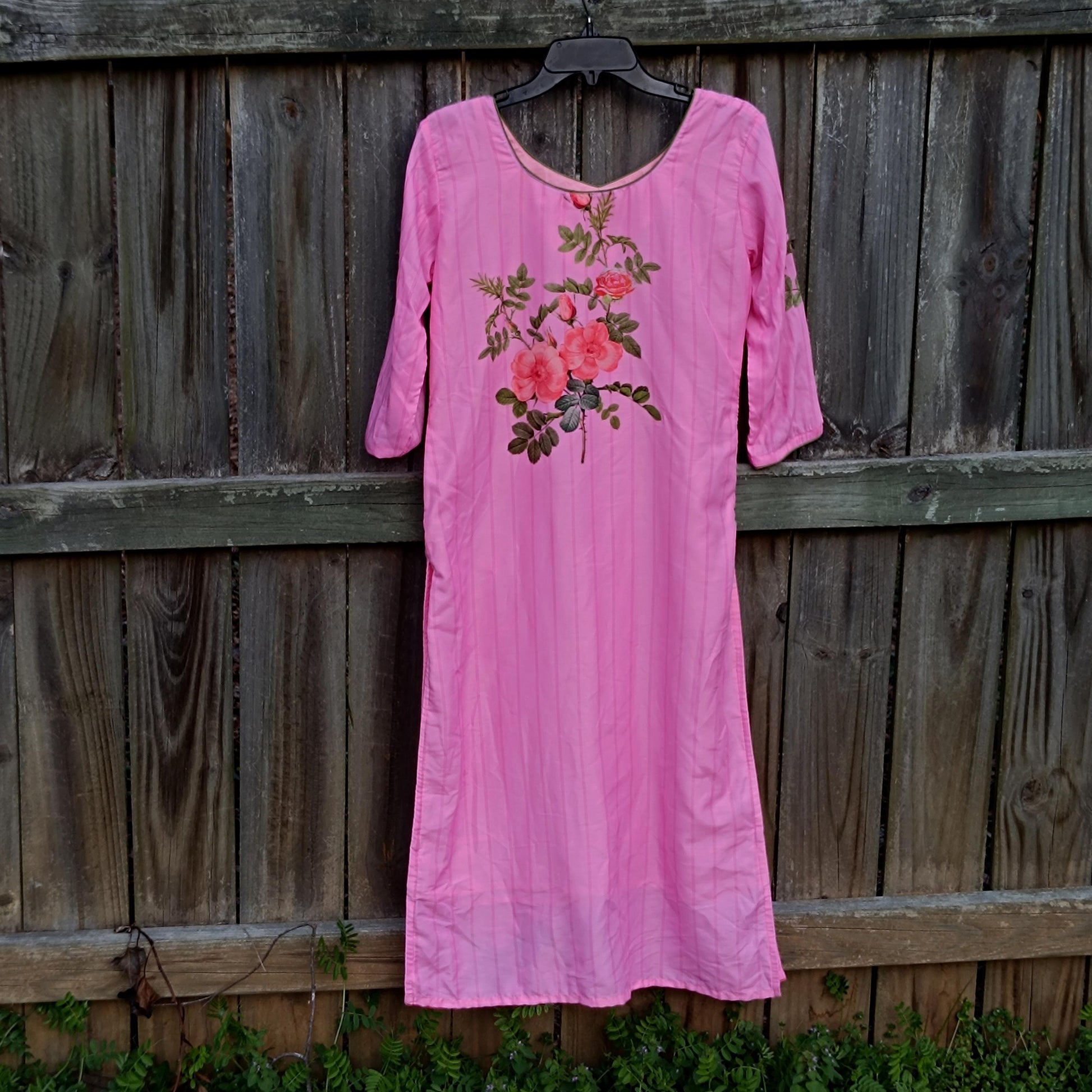 Vintage Pink Floral Embroidered Midi Dress with Side Slits| 80s Handmade Women's Elegant Lightweight Feminine Dress