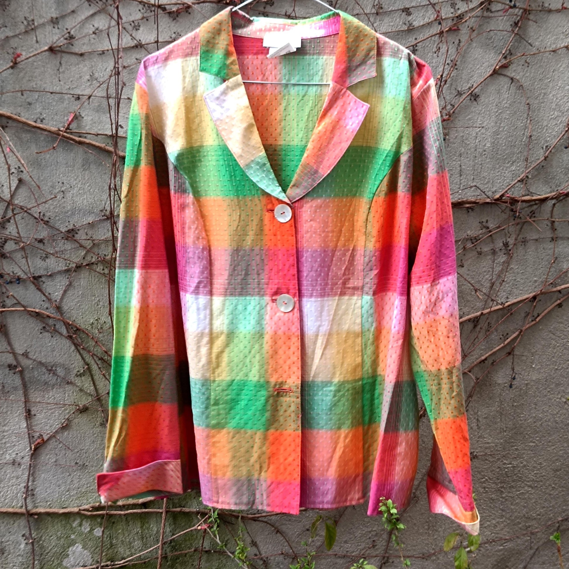 Vintage Laura Kent Blouse| Multicolored Women's Check Shirt | Retro Long Sleeve | Textured Button-Up | Bold Long-sleeved V neck
