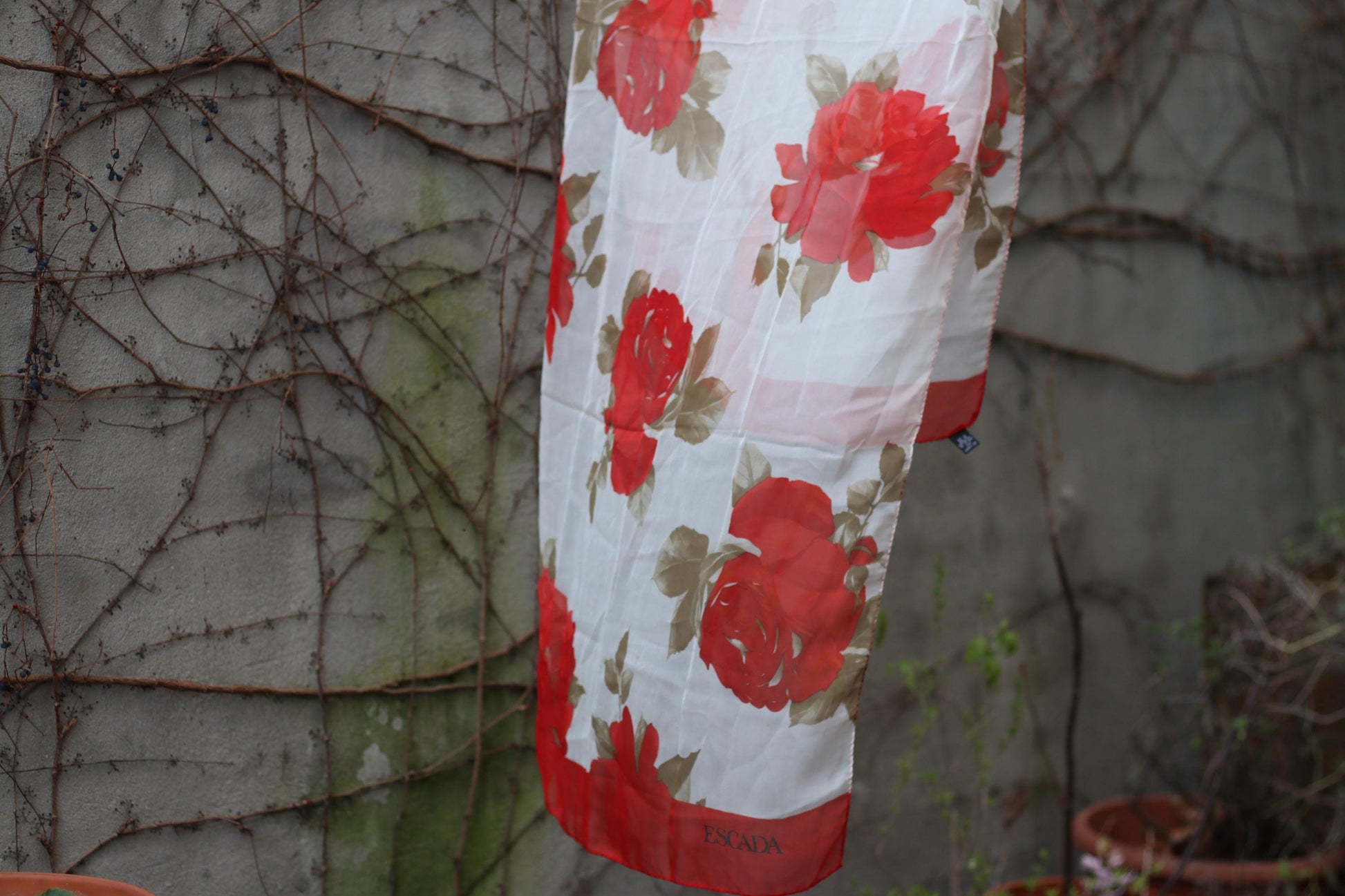 Vintage Escada Silk Scarf | 1980s Designer Scarf | Bold Red Floral Print Luxurious Wrap | Retro Fashion Accessory | Collectible Scarf