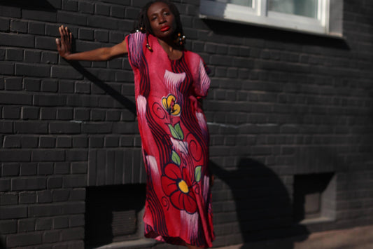 80s Floral Dress| Vintage Red and Blue Summer Dress| Women's Flower Power Buttoned Down Dress| Maximalist Knee-length Design