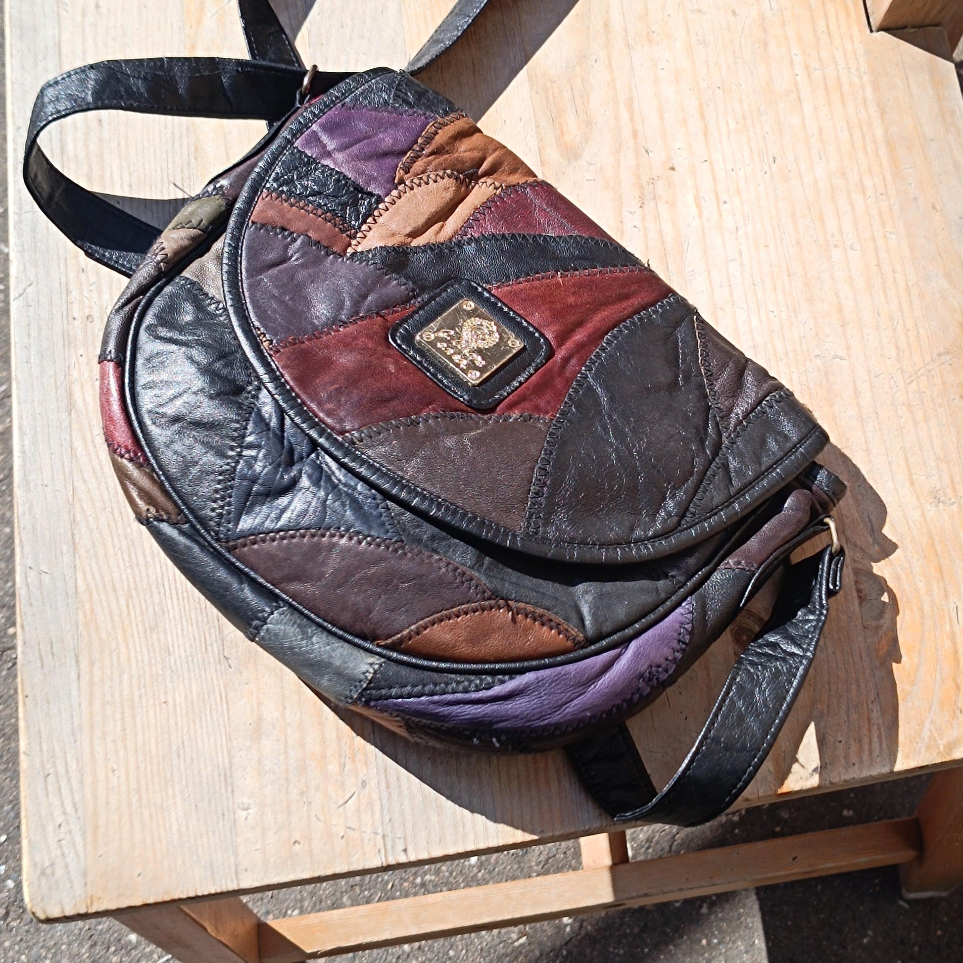 70s Brown Leather Crossbody Bag| Vintage Patchwork Shoulderbag| Distressed Satchel, Boho Bag| Women's Unisex Everyday Bag Retro Style
