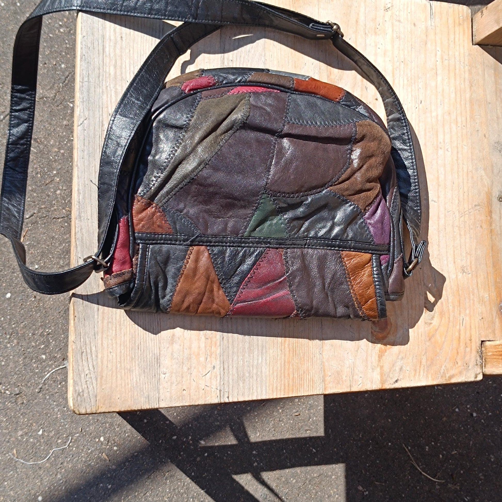 70s Brown Leather Crossbody Bag| Vintage Patchwork Shoulderbag| Distressed Satchel, Boho Bag| Women's Unisex Everyday Bag Retro Style