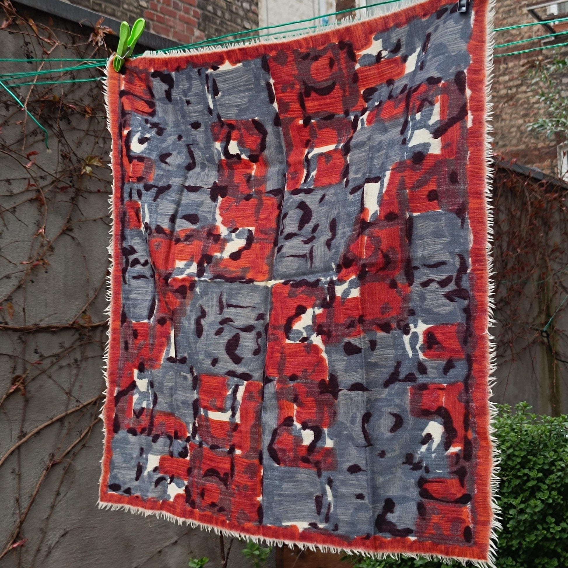 80s Artistic Scarf | Vintage Crimson & Charcoal Scarf | Painterly Abstract Women's Statement Accessory