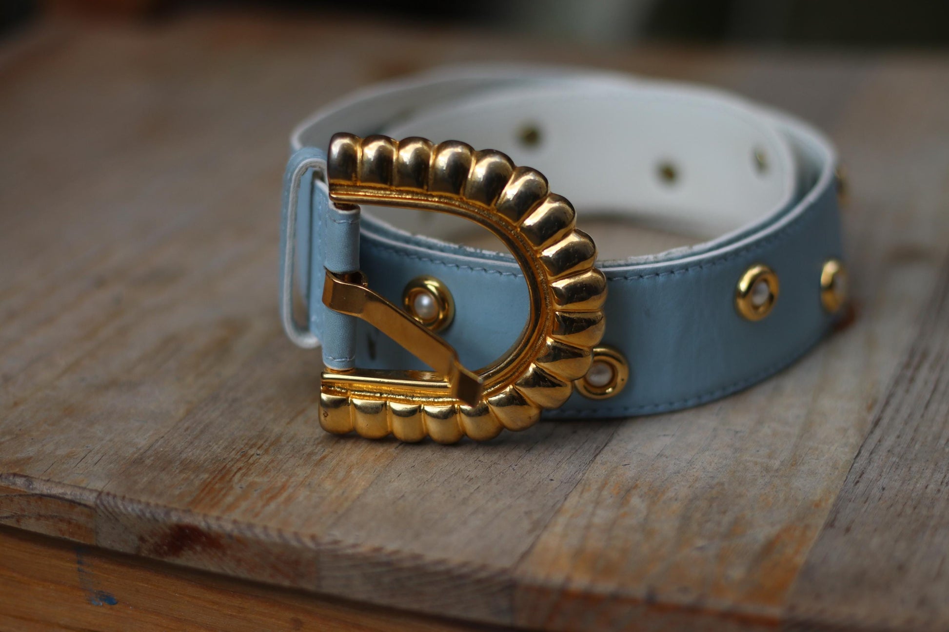 80s Escada Belt | Vintage Light Blue Leather Designer Belt | Gold Buckle Pearl Studded Statement Luxurious Women's Belt