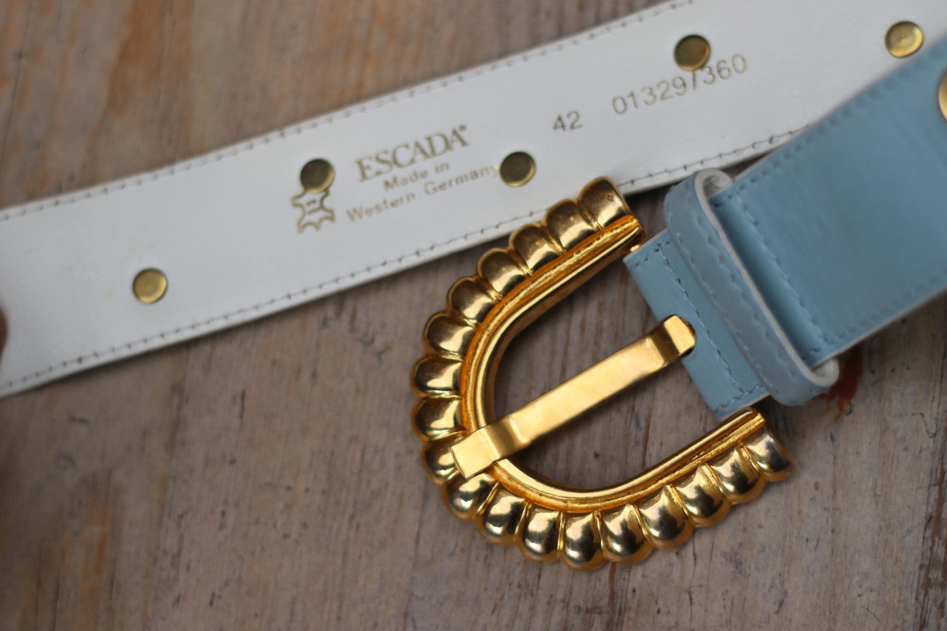 80s Escada Belt | Vintage Light Blue Leather Designer Belt | Gold Buckle Pearl Studded Statement Luxurious Women's Belt