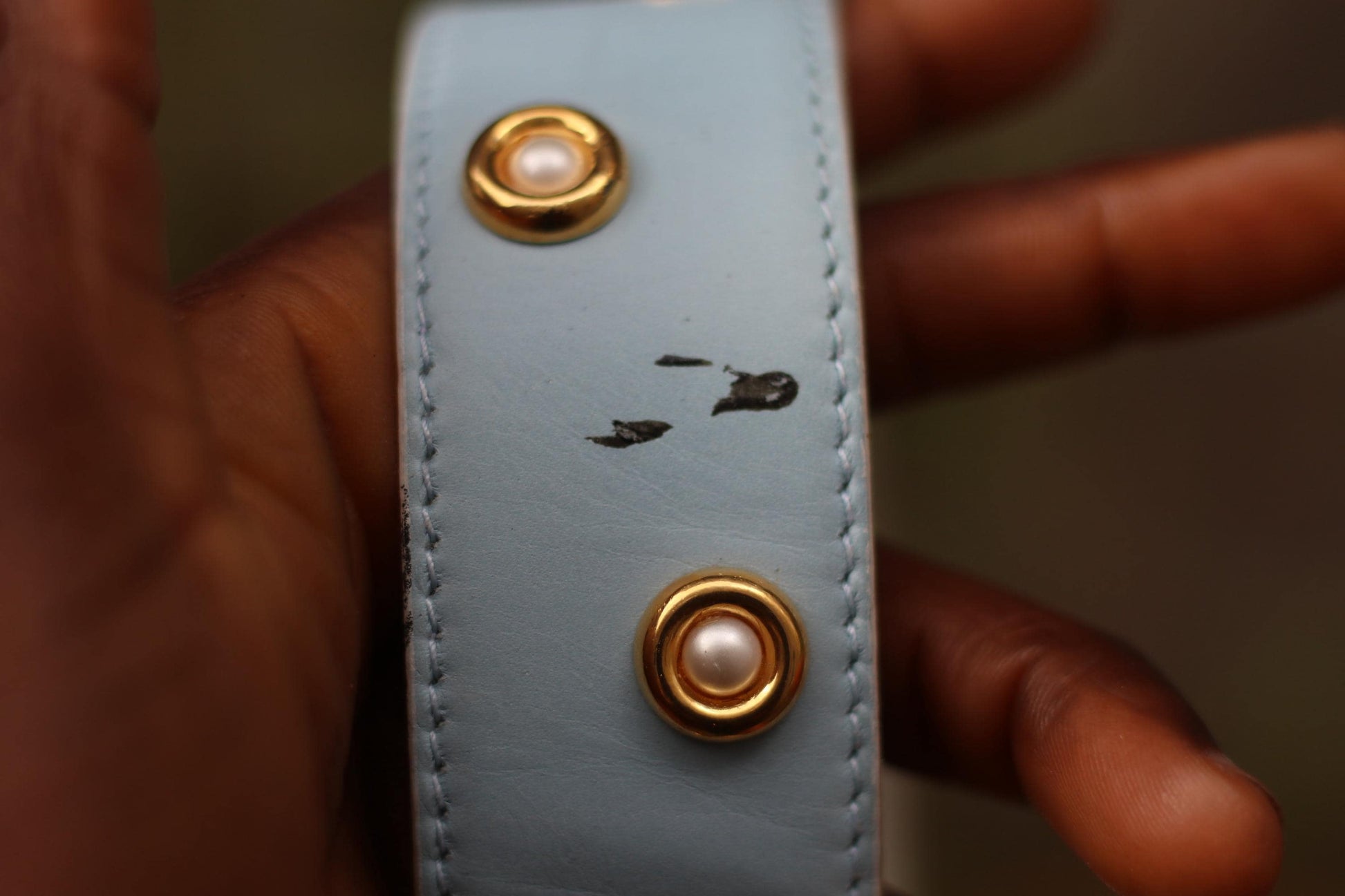 80s Escada Belt | Vintage Light Blue Leather Designer Belt | Gold Buckle Pearl Studded Statement Luxurious Women's Belt