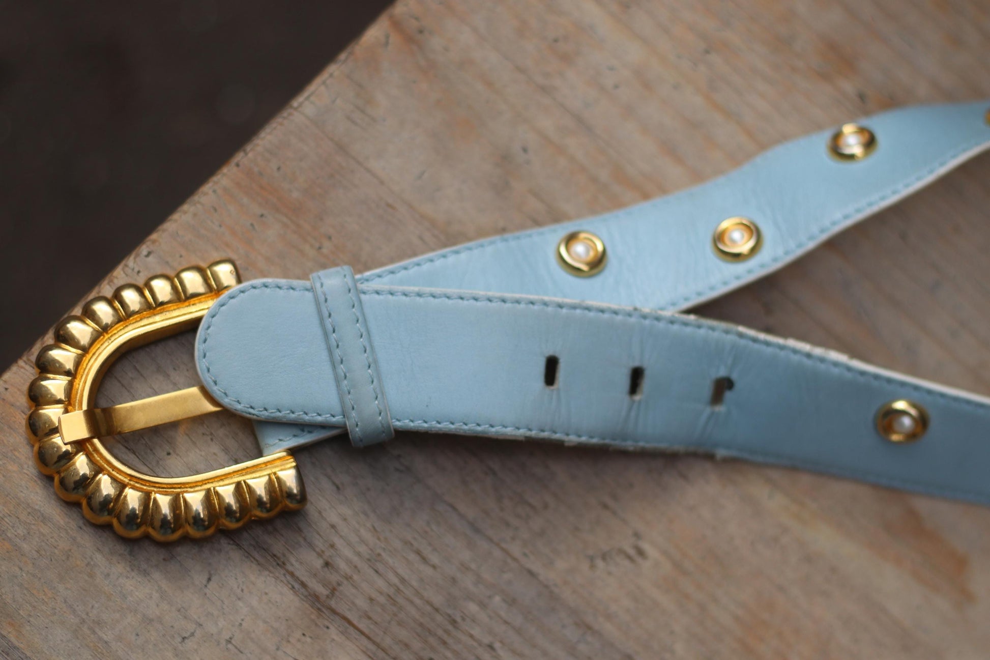 80s Escada Belt | Vintage Light Blue Leather Designer Belt | Gold Buckle Pearl Studded Statement Luxurious Women's Belt